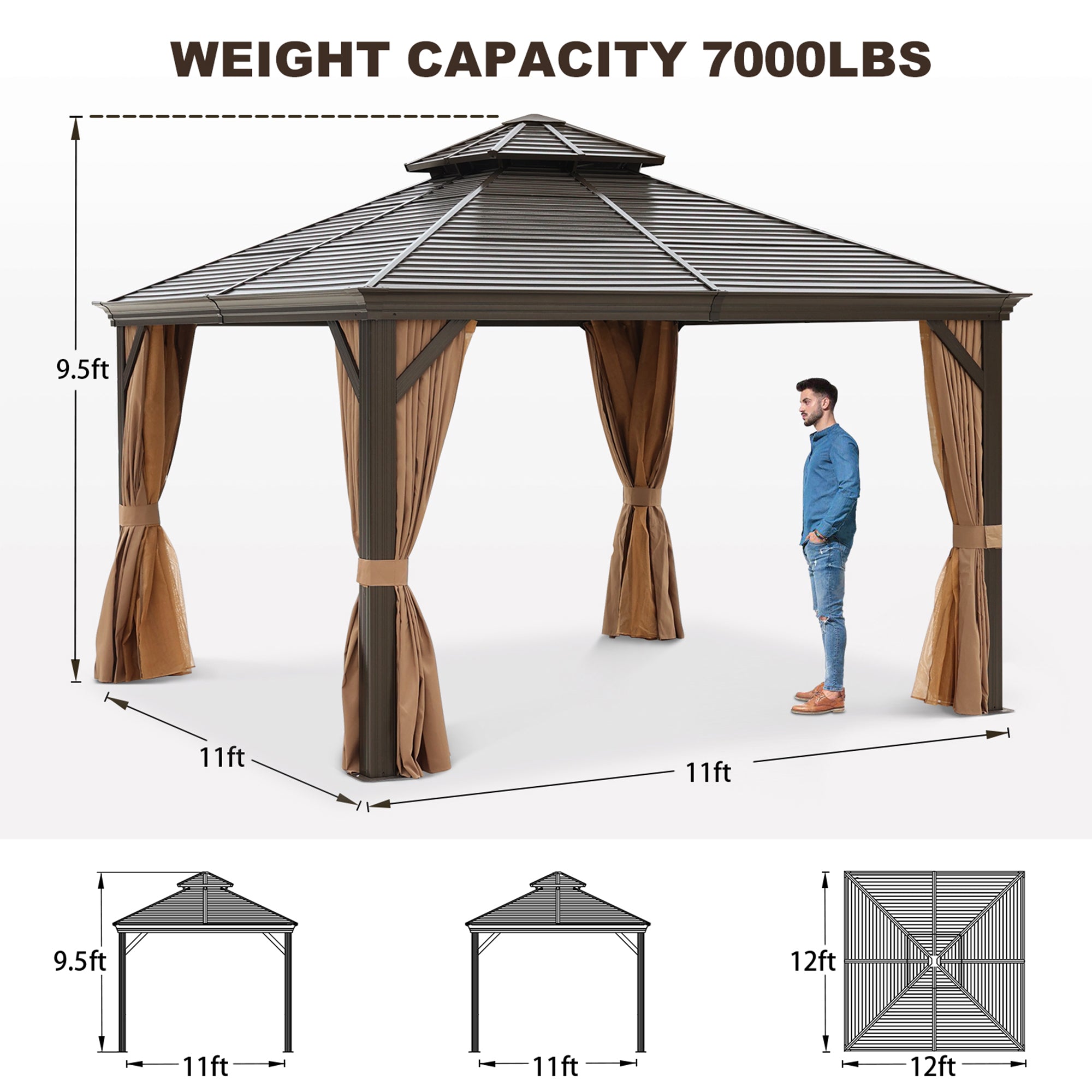 12' x 12' Aluminum Alloy Brown Gazebo with Corrugated Roof with Netting and Curtains