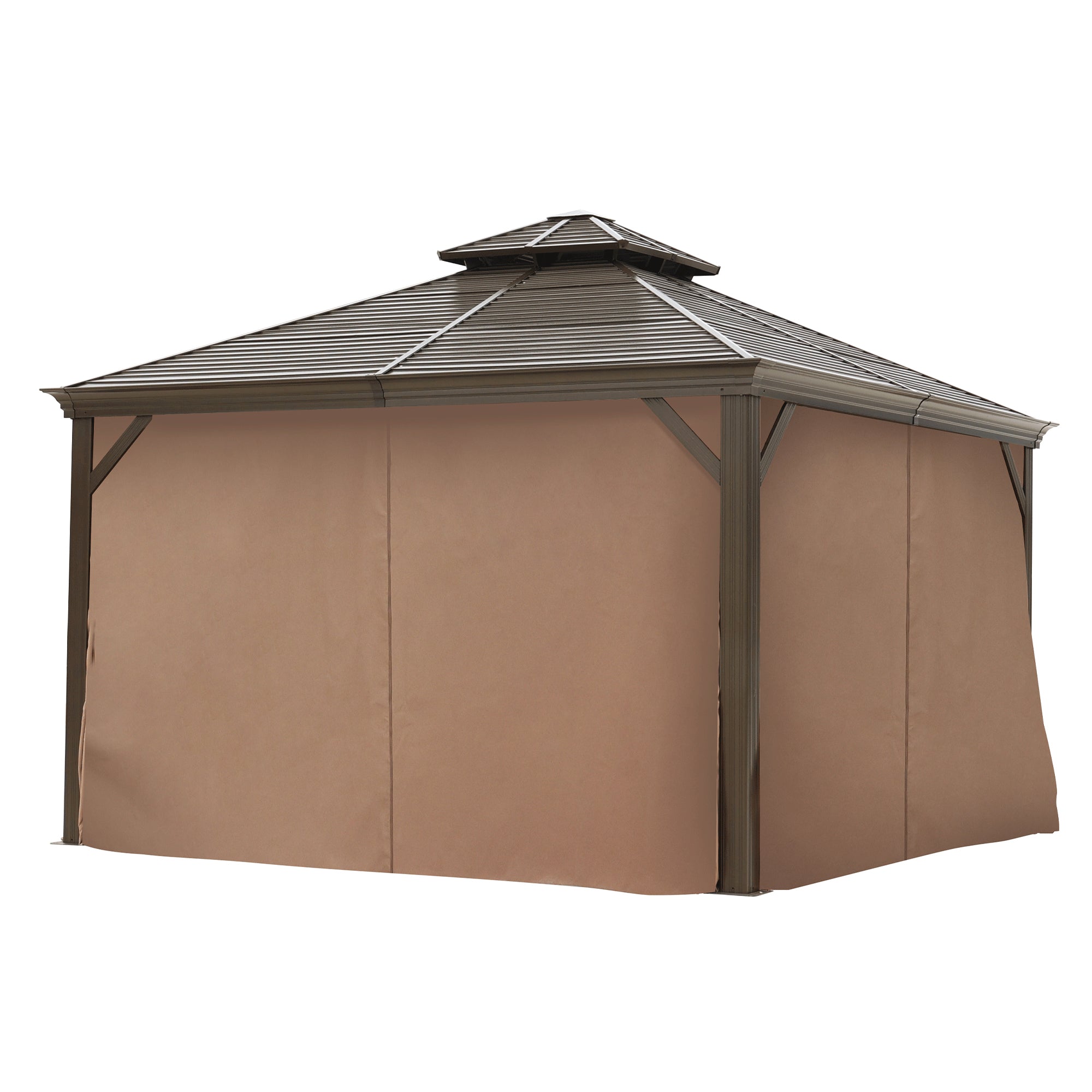 12' x 12' Aluminum Alloy Brown Gazebo with Corrugated Roof with Netting and Curtains