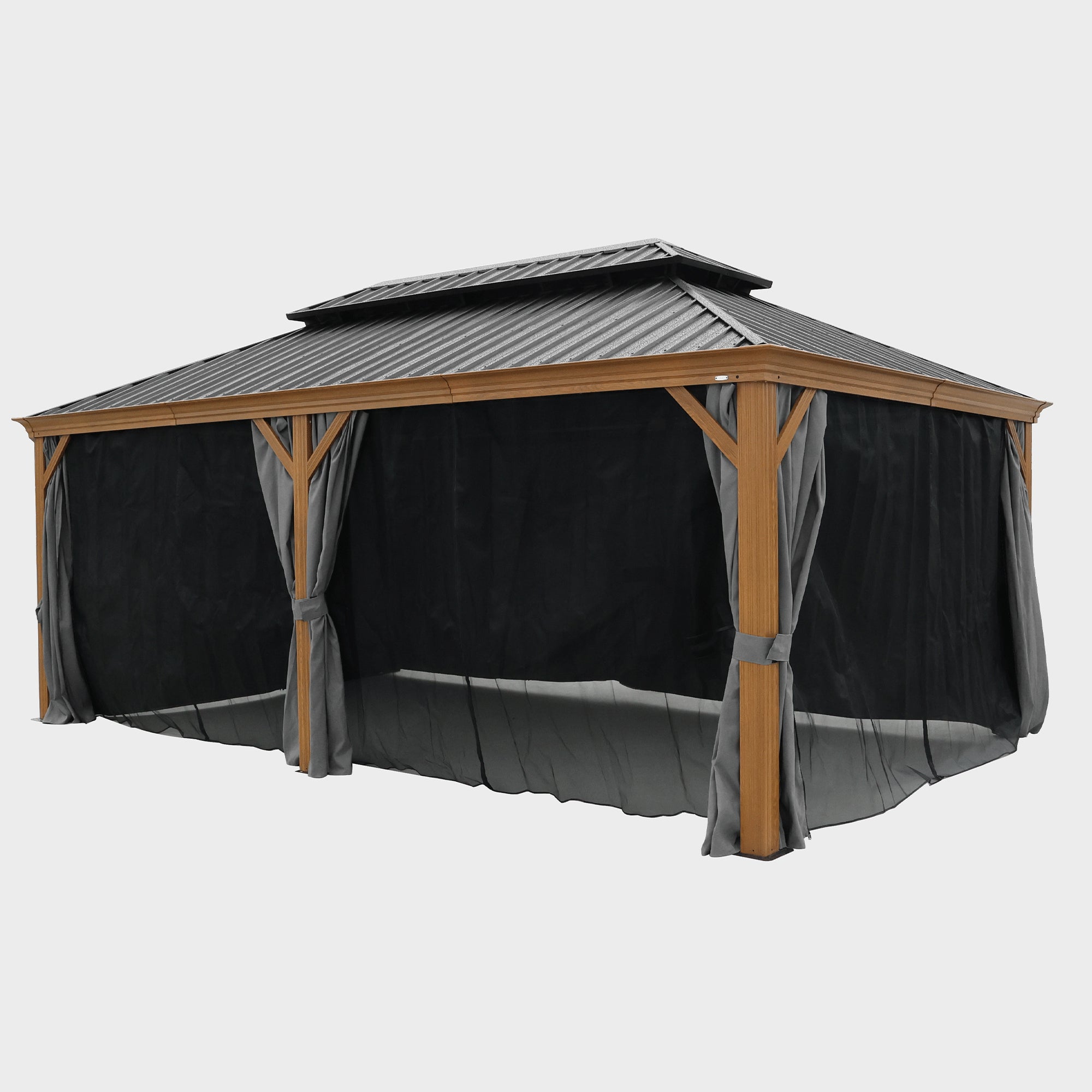 12' x 20' Aluminum Alloy Brown Outdoor Patio Galvanized Steel Gazebos with Netting and Curtains