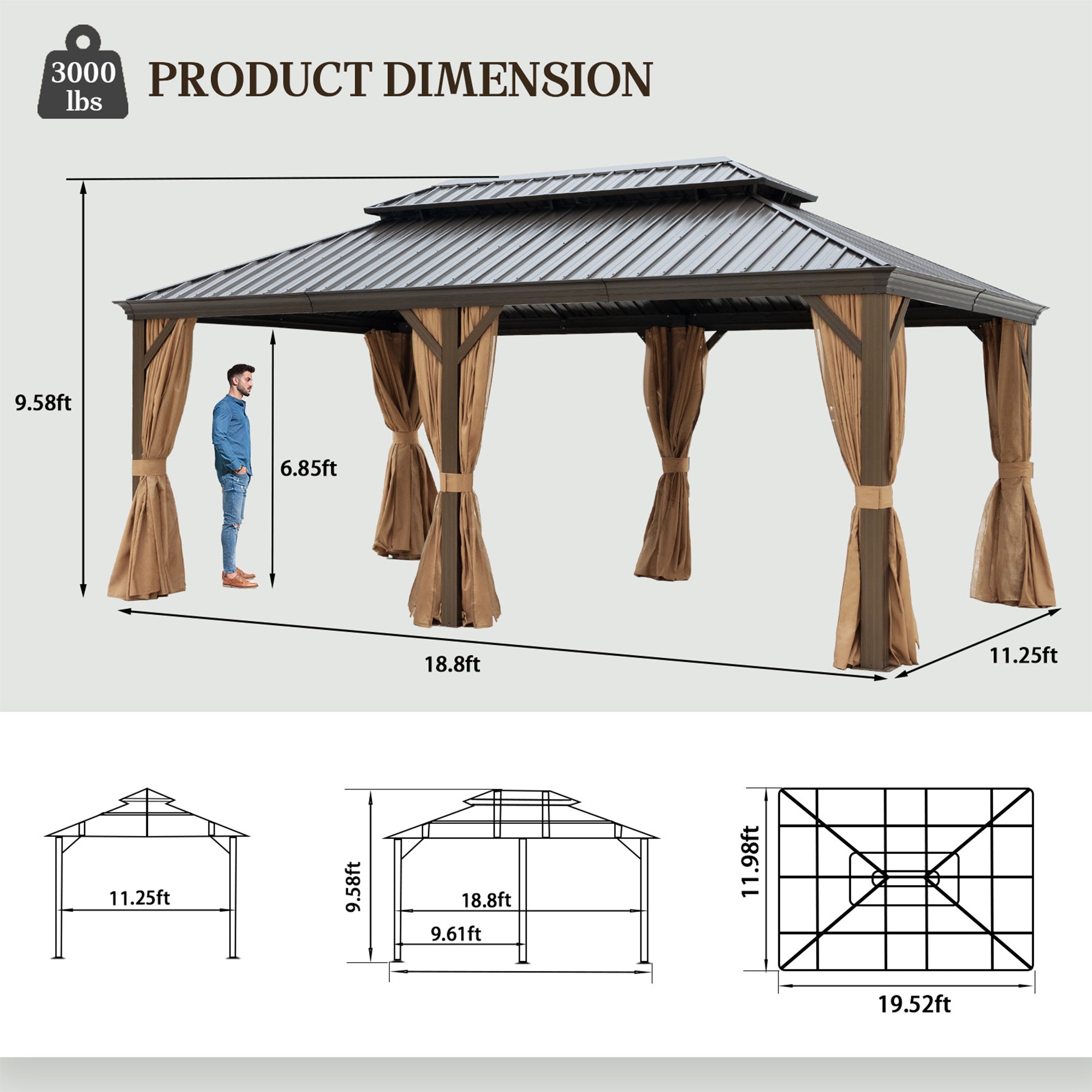 12' x 20' Aluminum Alloy Brown Outdoor Patio Galvanized Steel Gazebos with Netting and Curtains