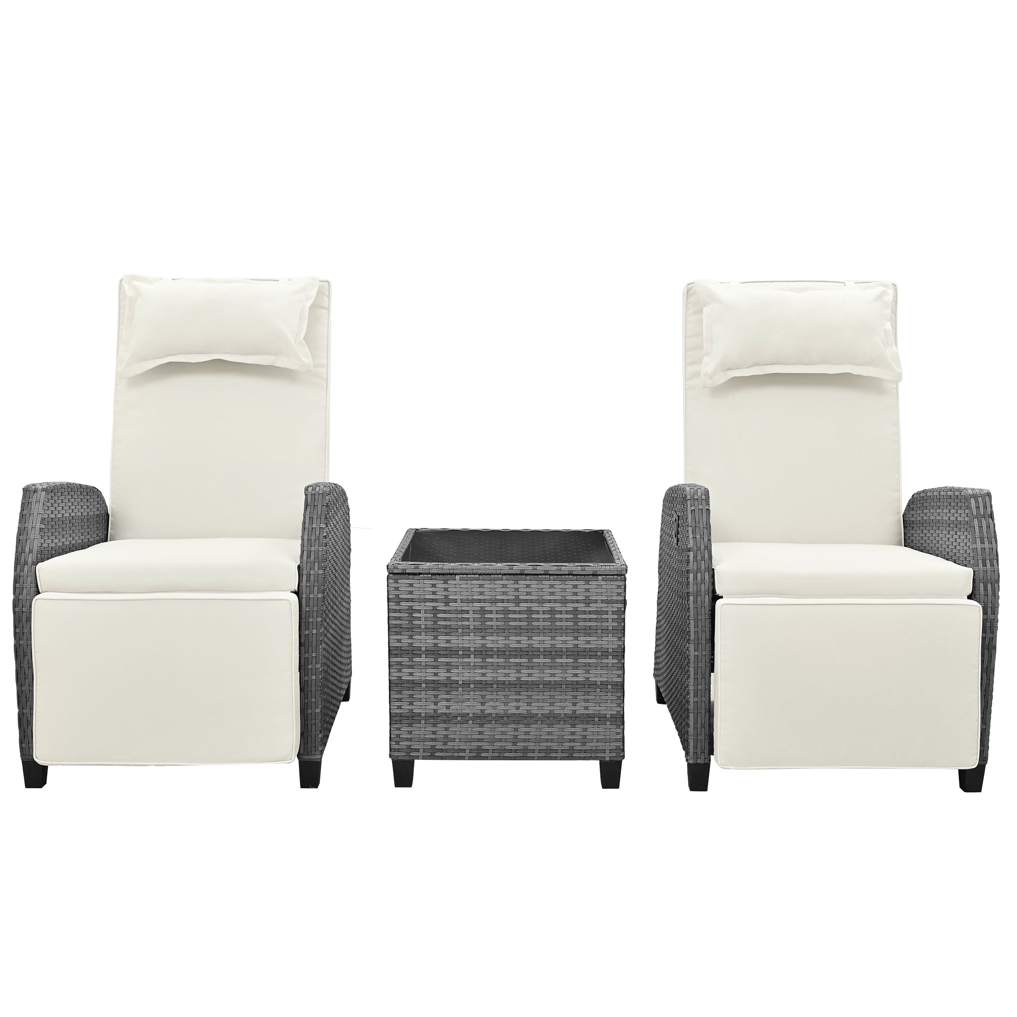 3-Piece Gray Wicker Outdoor Recliner with Blue-Gray Cushions and Coffee Table BOUSCL01BEG