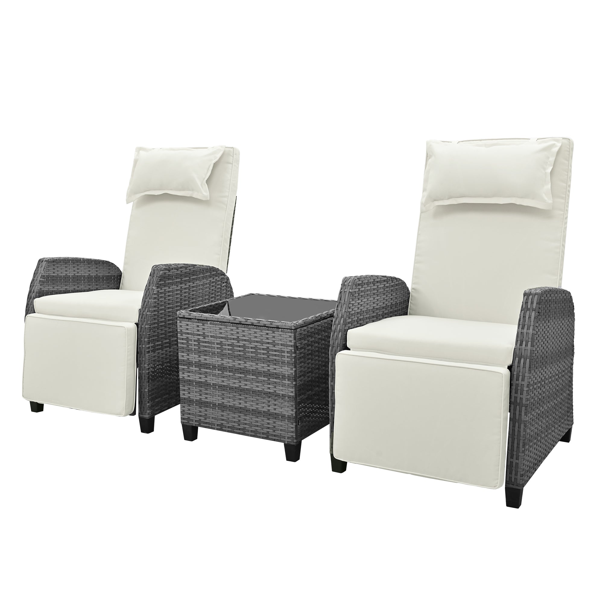 3-Piece Gray Wicker Outdoor Recliner with Blue-Gray Cushions and Coffee Table BOUSCL01BEG