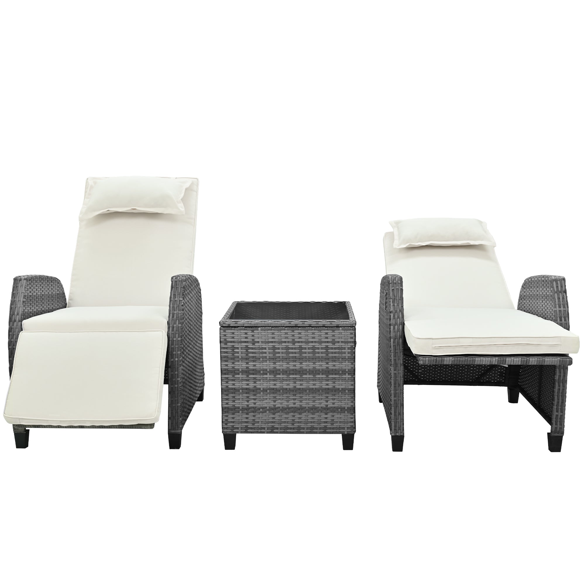 3-Piece Gray Wicker Outdoor Recliner with Blue-Gray Cushions and Coffee Table BOUSCL01BEG