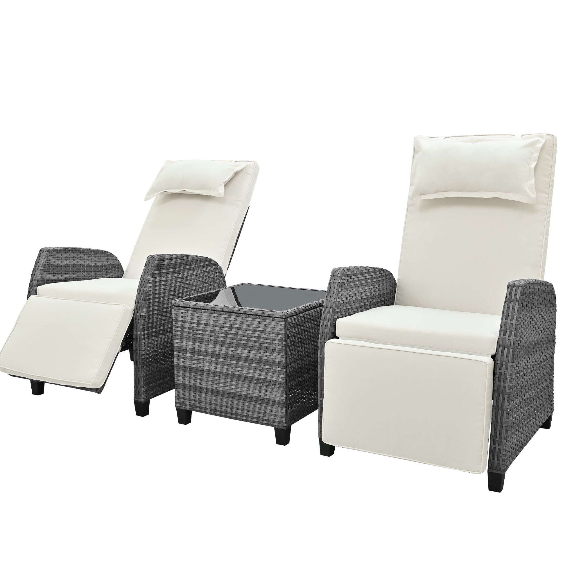 3-Piece Gray Wicker Outdoor Recliner with Blue-Gray Cushions and Coffee Table BOUSCL01BEG