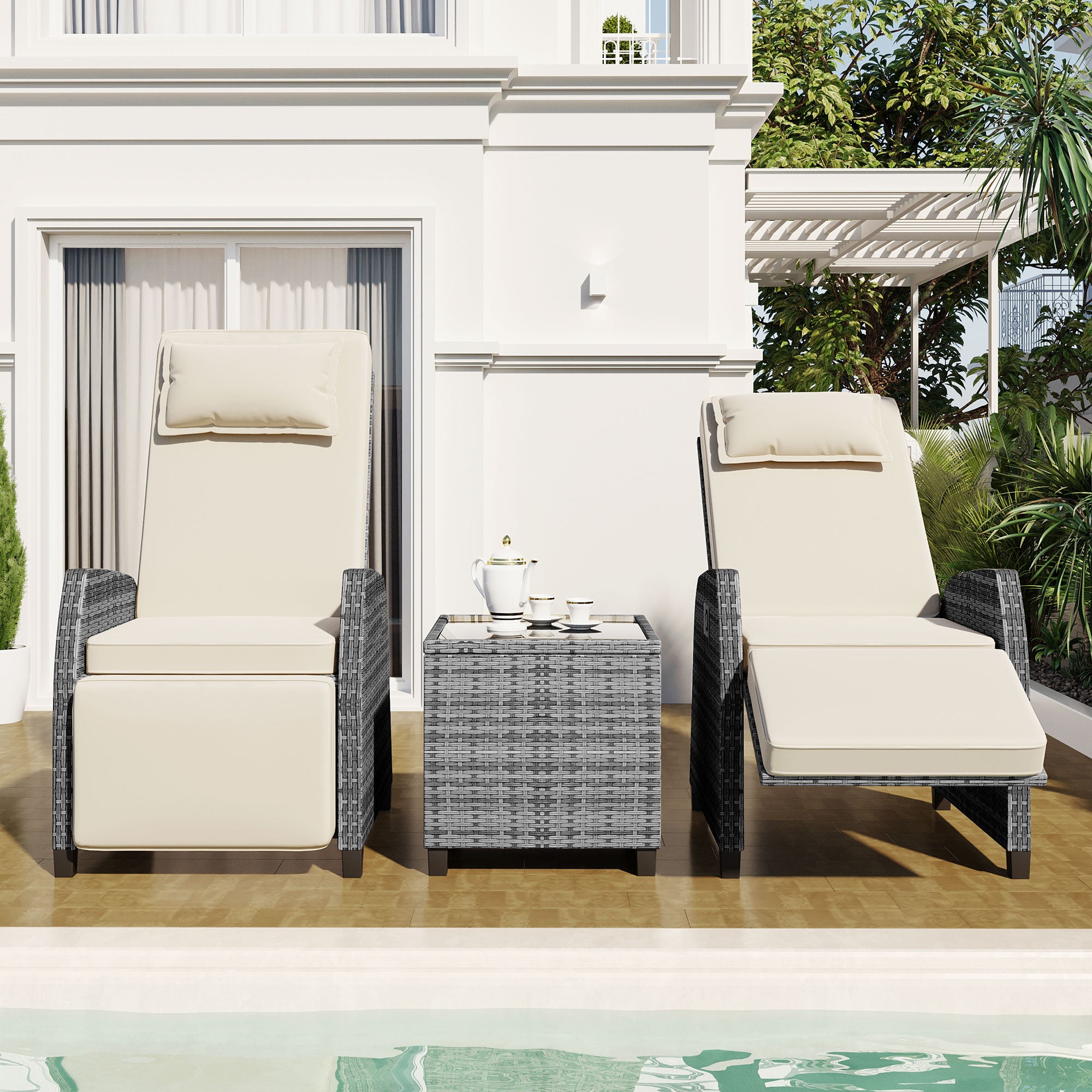 3-Piece Gray Wicker Outdoor Recliner with Blue-Gray Cushions and Coffee Table BOUSCL01BEG
