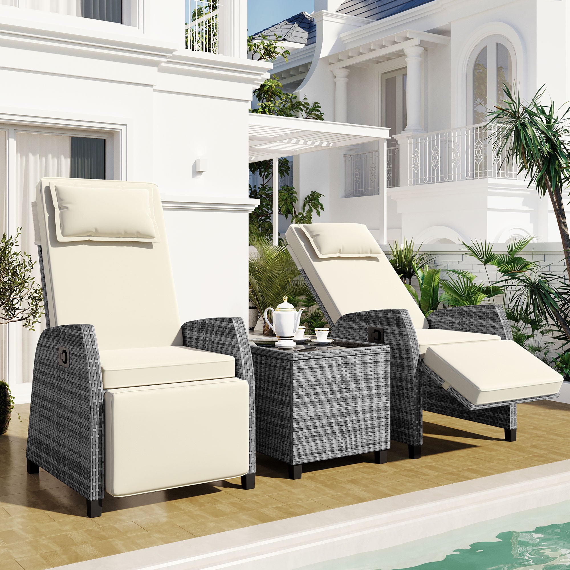 3-Piece Gray Wicker Outdoor Recliner with Blue-Gray Cushions and Coffee Table BOUSCL01BEG