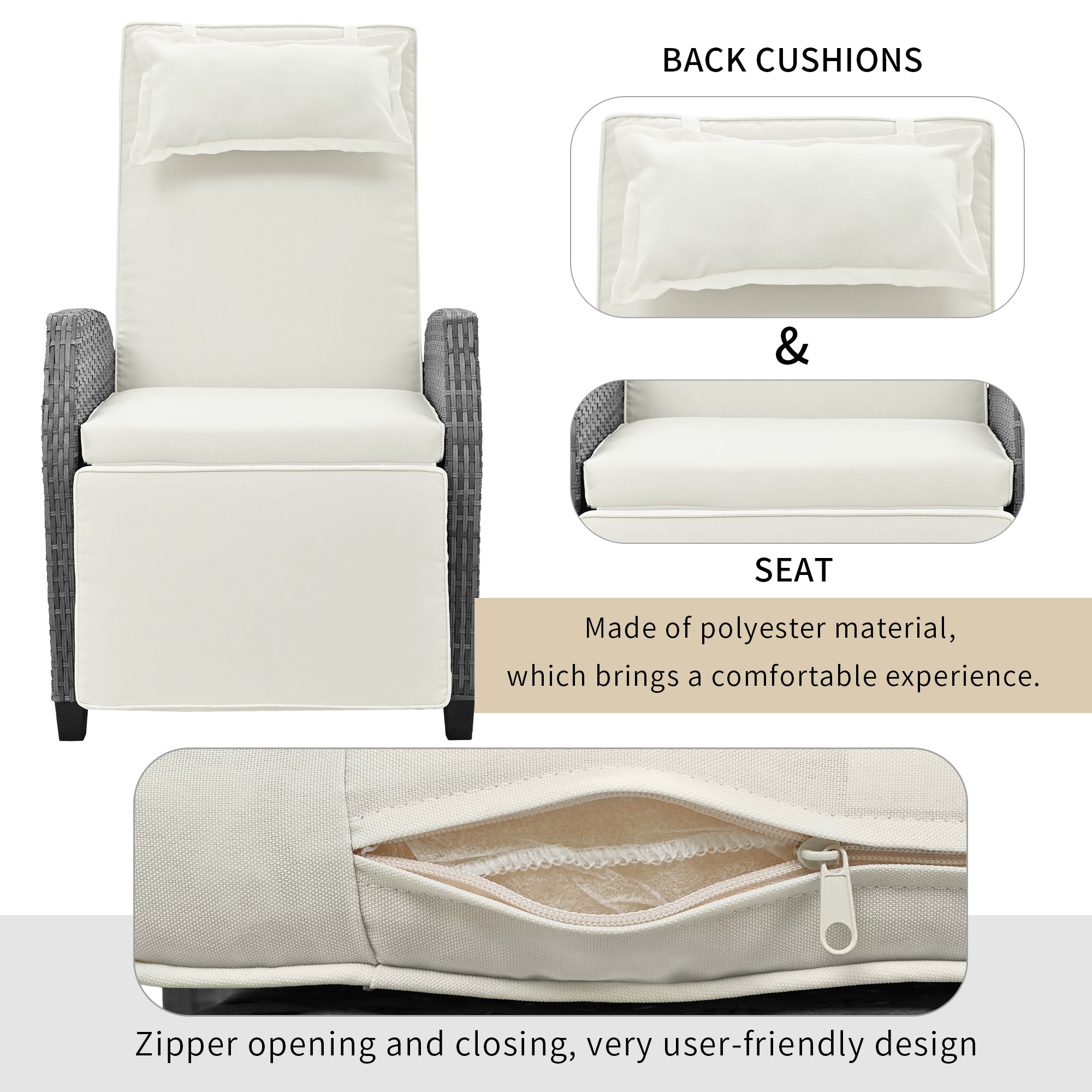 3-Piece Gray Wicker Outdoor Recliner with Blue-Gray Cushions and Coffee Table BOUSCL01BEG