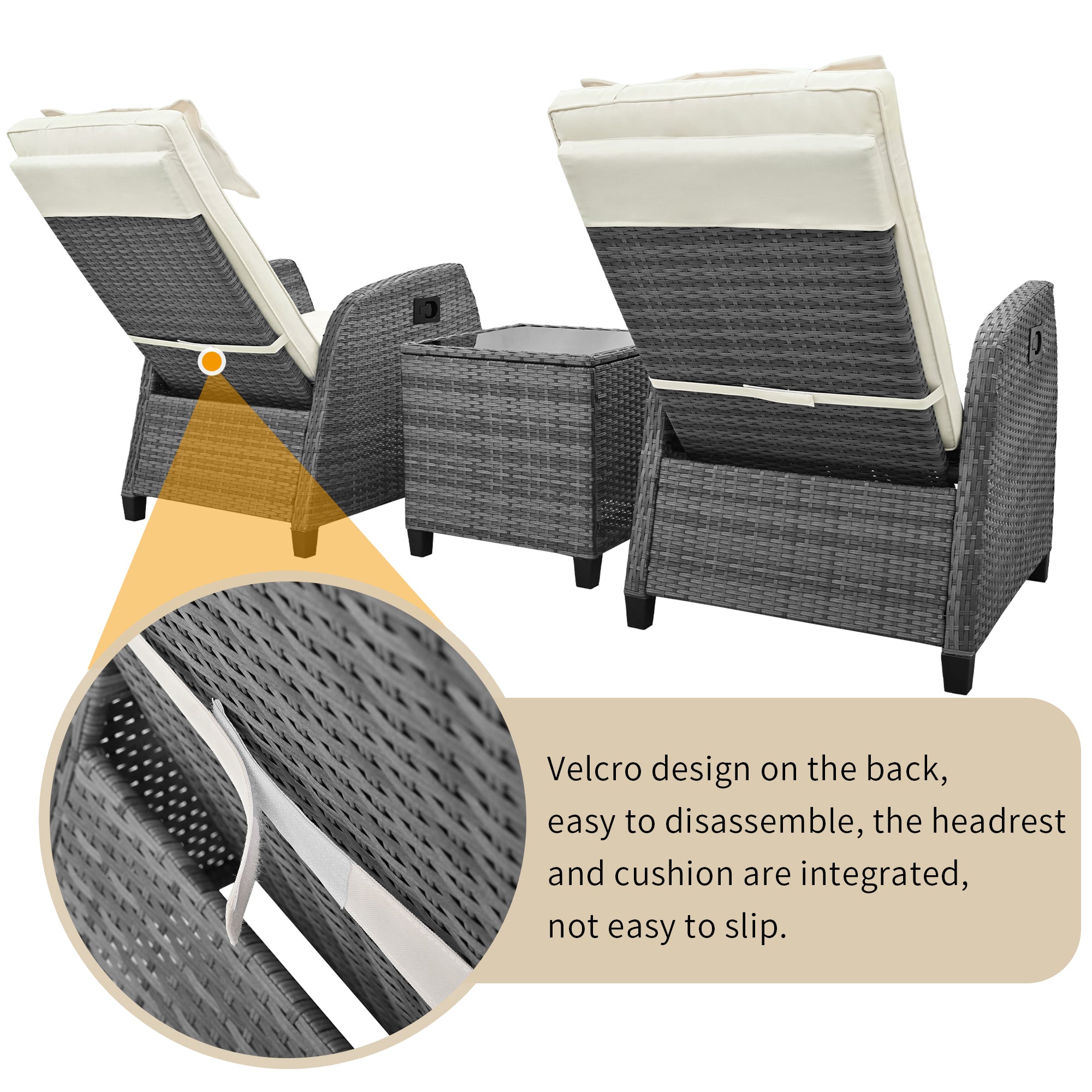 3-Piece Gray Wicker Outdoor Recliner with Blue-Gray Cushions and Coffee Table BOUSCL01BEG