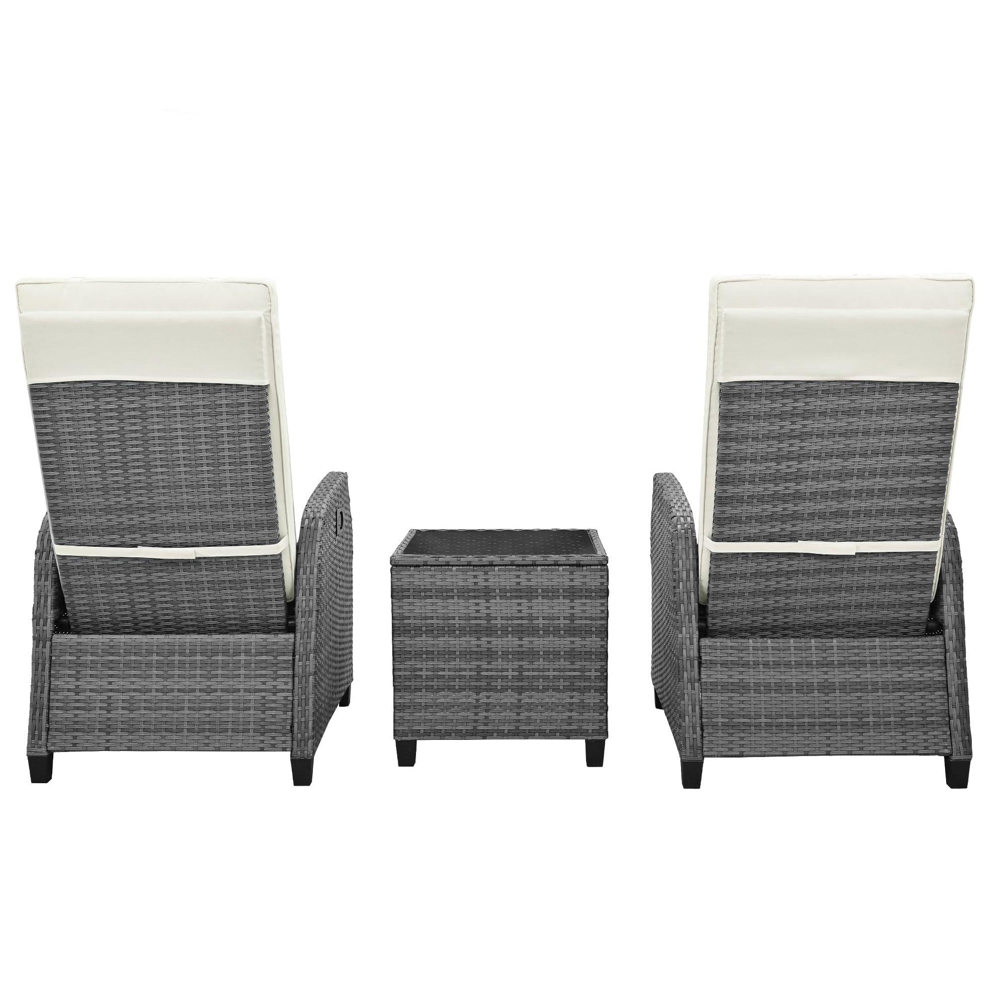 3-Piece Gray Wicker Outdoor Recliner with Blue-Gray Cushions and Coffee Table BOUSCL01BEG