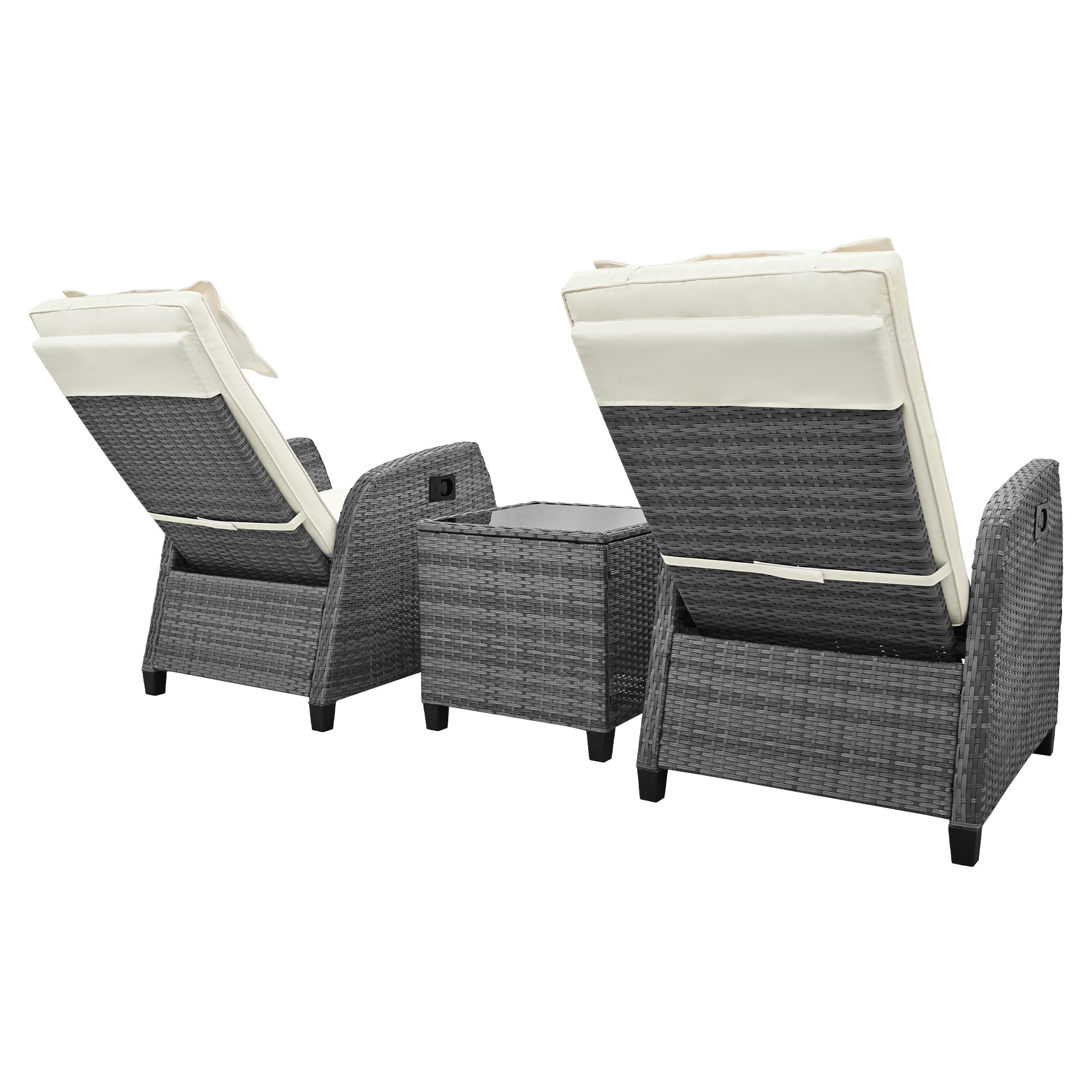 3-Piece Gray Wicker Outdoor Recliner with Blue-Gray Cushions and Coffee Table BOUSCL01BEG