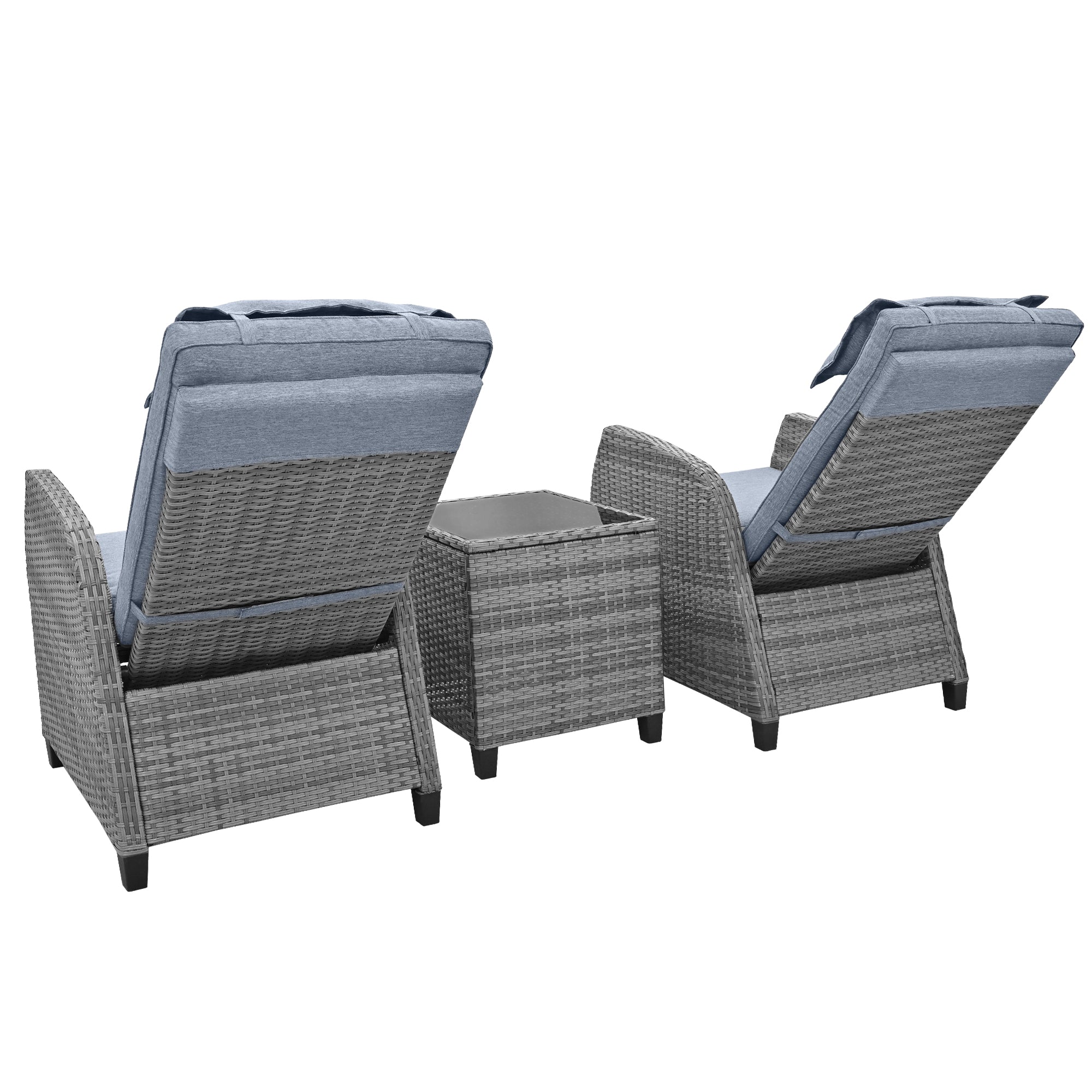 3-Piece Gray Wicker Outdoor Recliner with Blue-Gray Cushions and Coffee Table BOUSCL01BL-GR