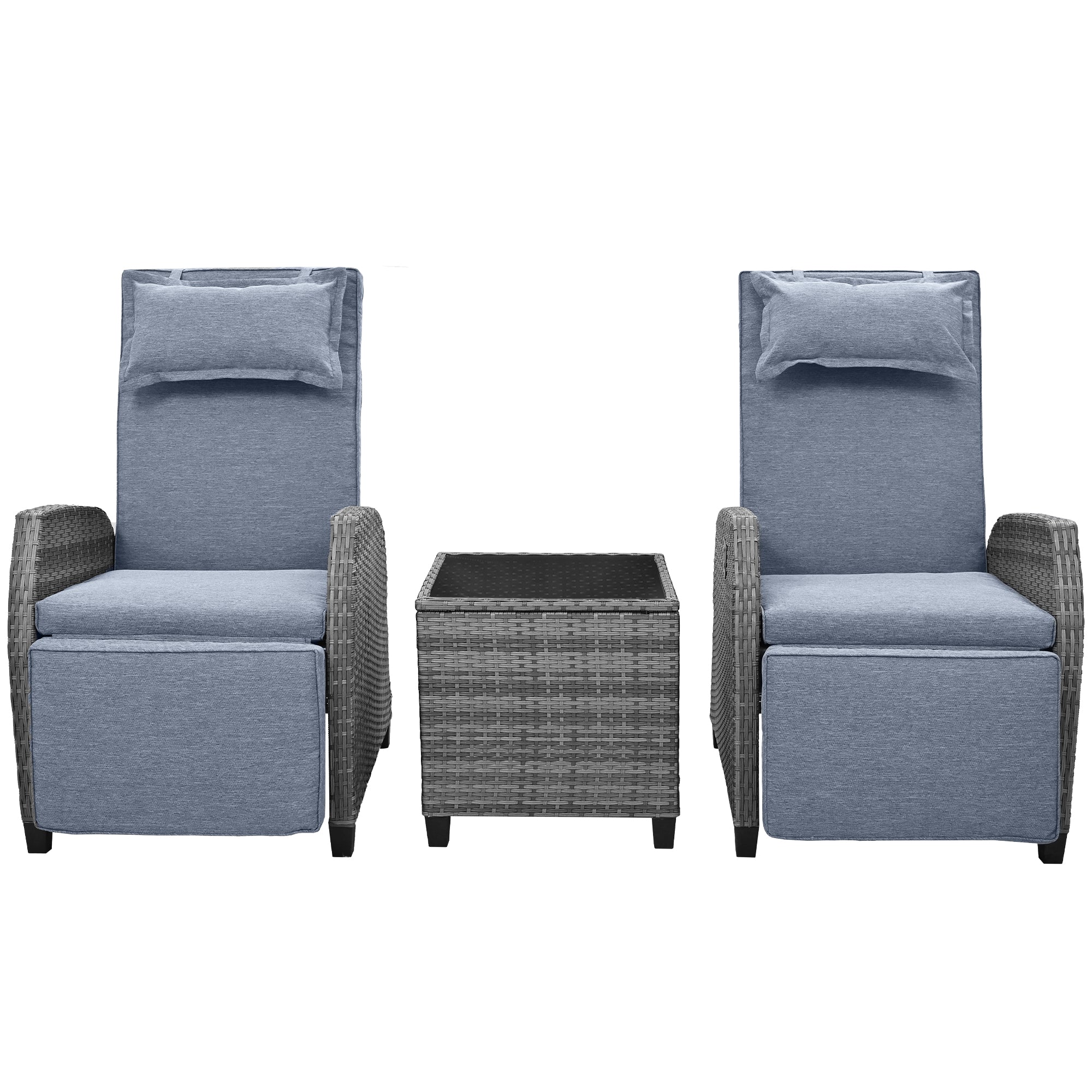 3-Piece Gray Wicker Outdoor Recliner with Blue-Gray Cushions and Coffee Table BOUSCL01BL-GR