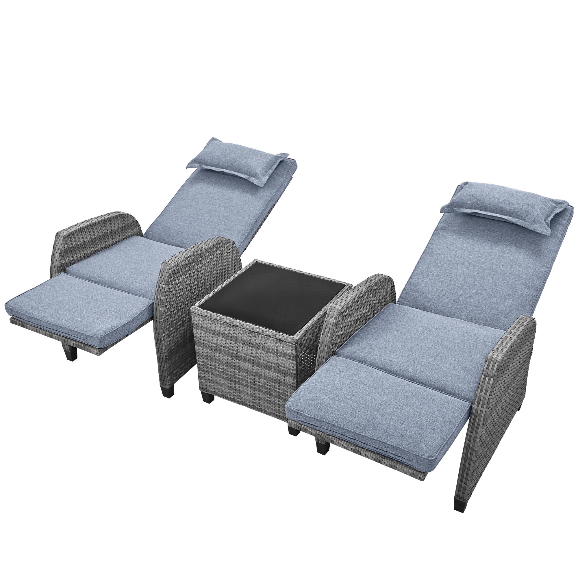 3-Piece Gray Wicker Outdoor Recliner with Blue-Gray Cushions and Coffee Table BOUSCL01BL-GR