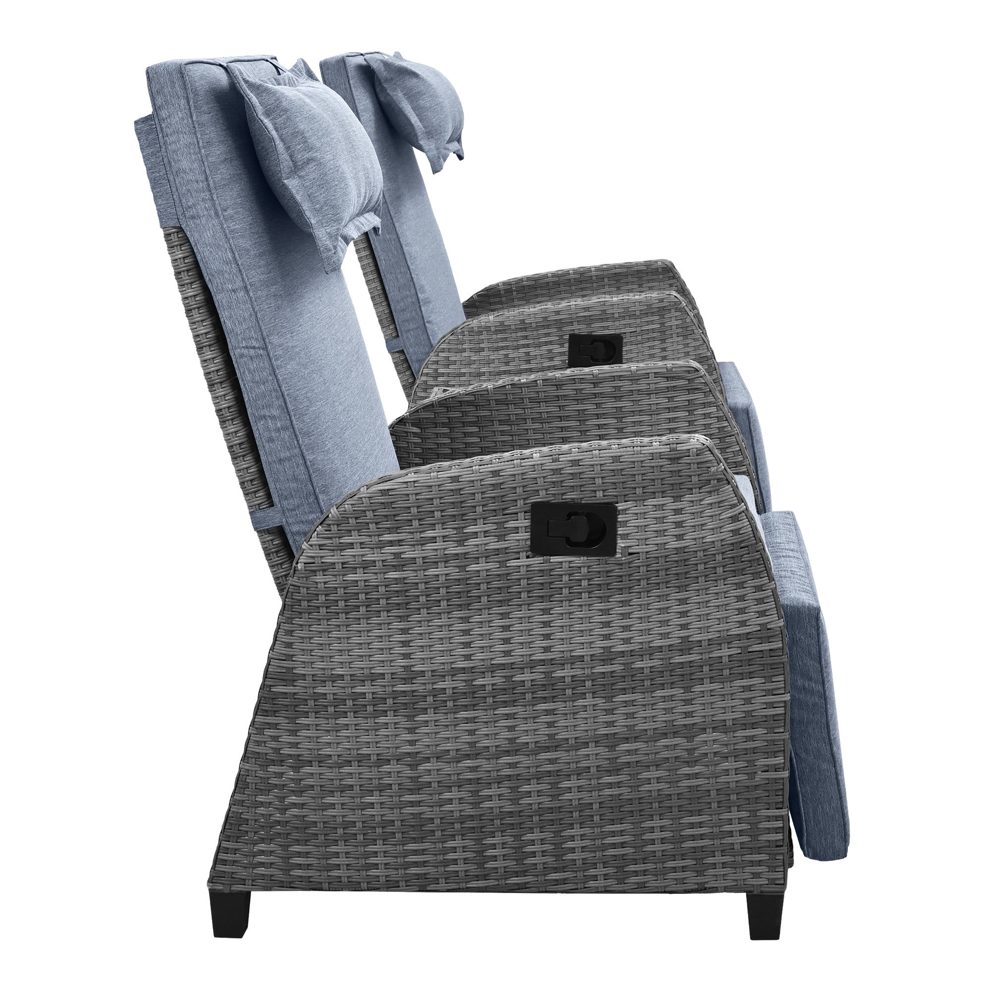 3-Piece Gray Wicker Outdoor Recliner with Blue-Gray Cushions and Coffee Table BOUSCL01BL-GR