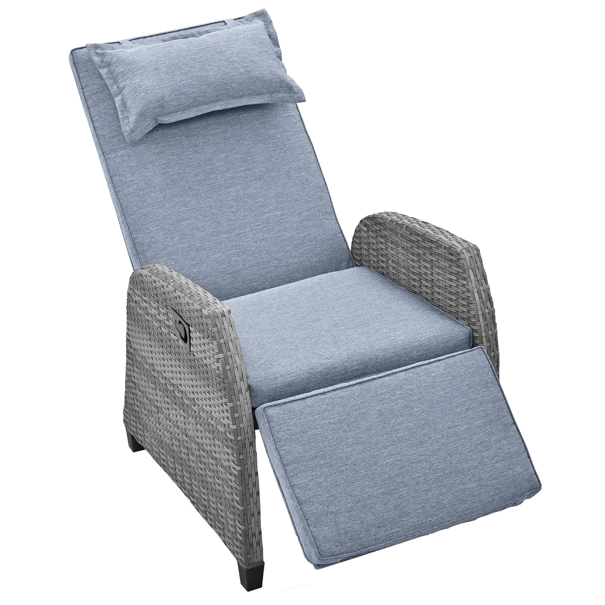 3-Piece Gray Wicker Outdoor Recliner with Blue-Gray Cushions and Coffee Table BOUSCL01BL-GR
