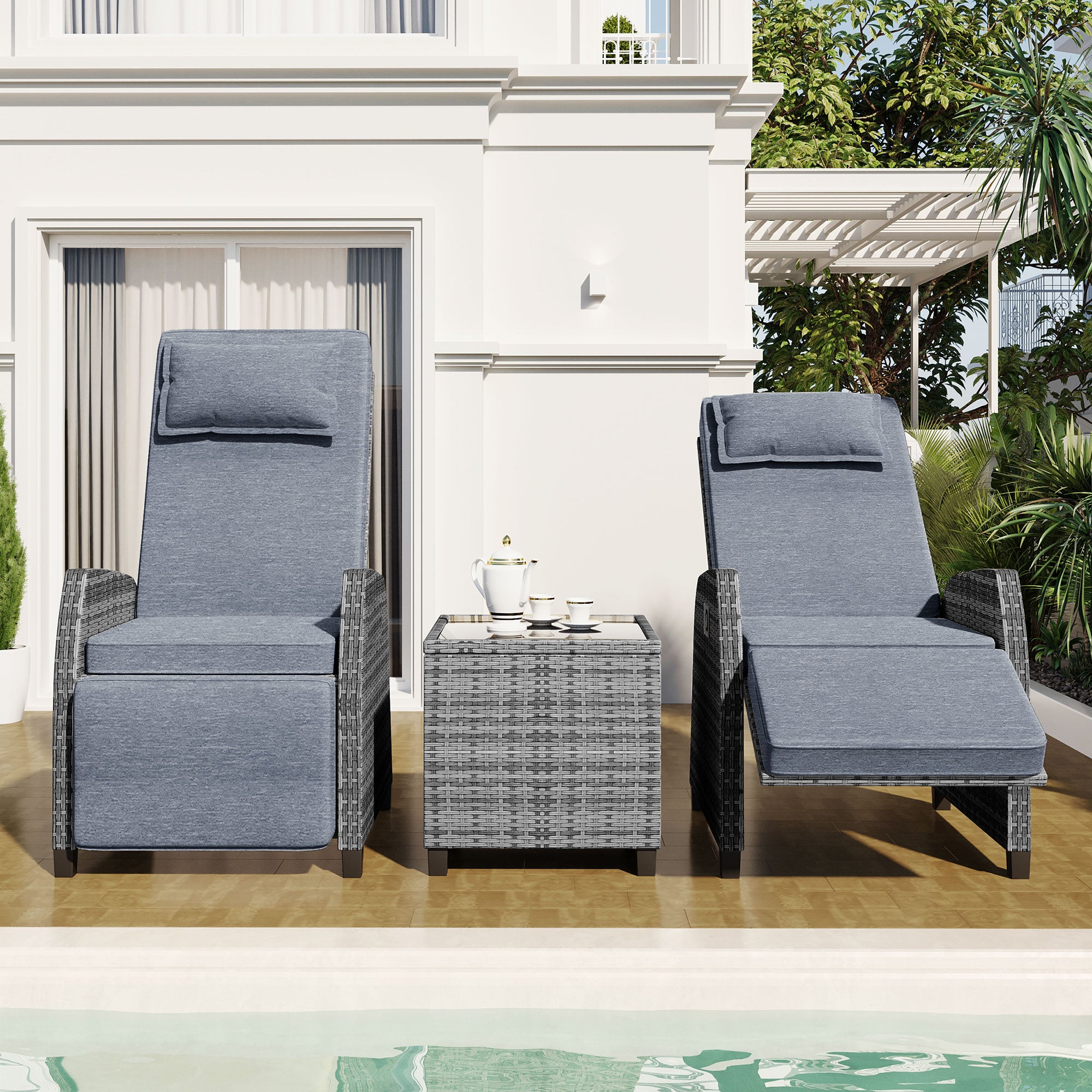 3-Piece Gray Wicker Outdoor Recliner with Blue-Gray Cushions and Coffee Table BOUSCL01BL-GR