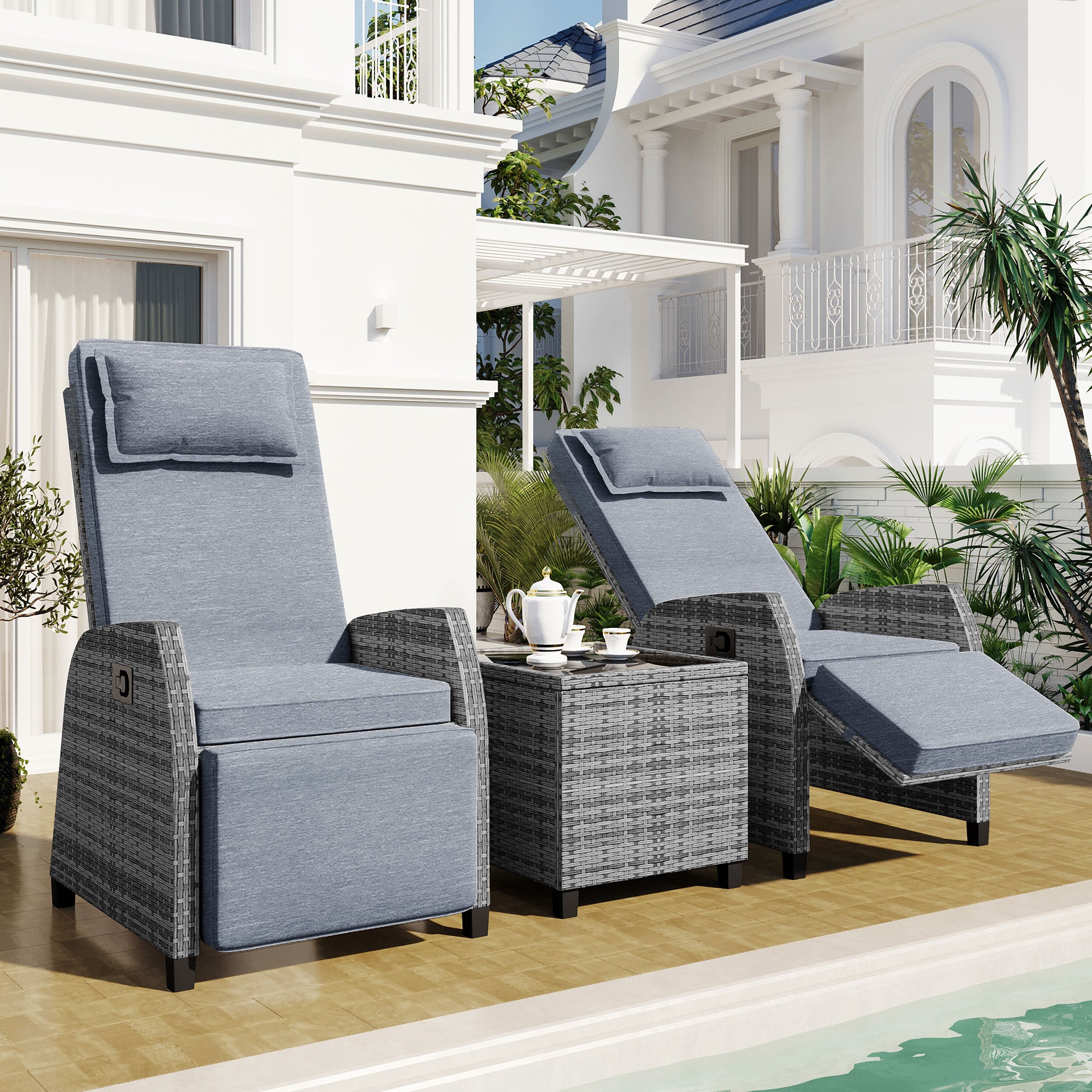 3-Piece Gray Wicker Outdoor Recliner with Blue-Gray Cushions and Coffee Table BOUSCL01BL-GR