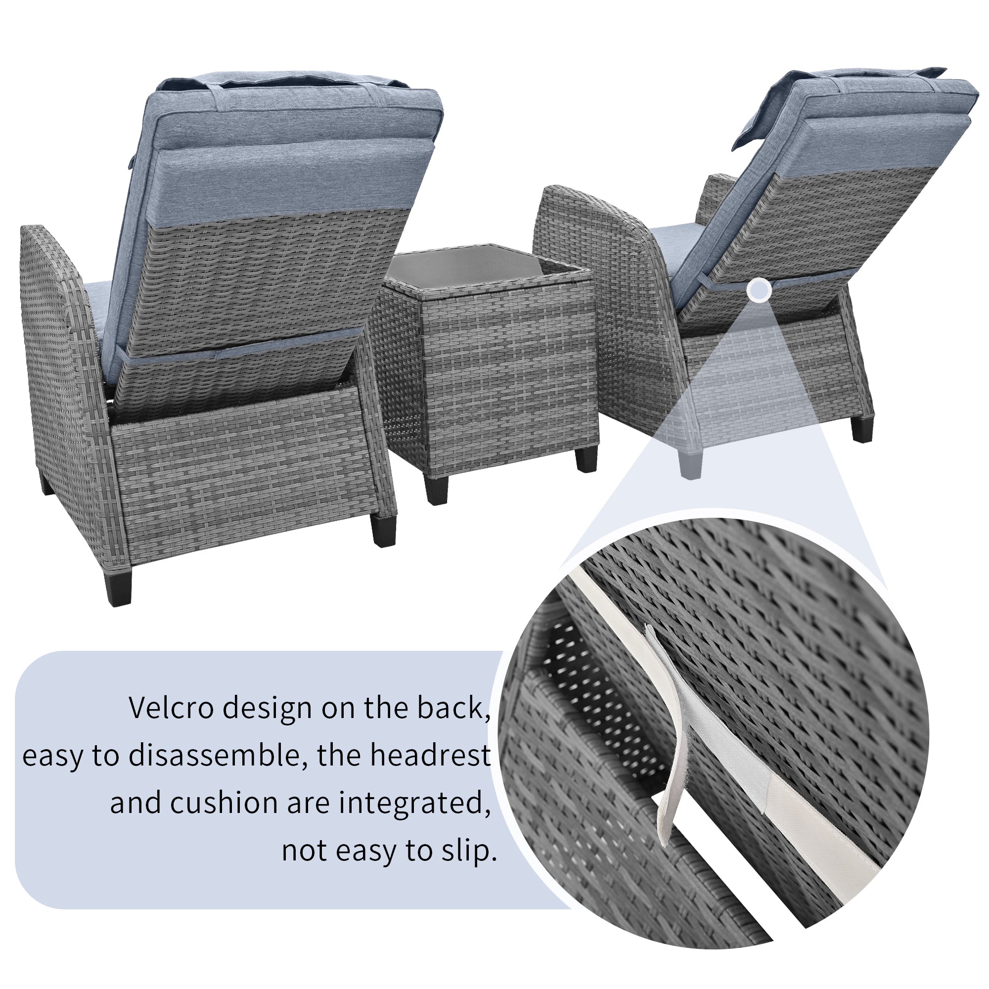 3-Piece Gray Wicker Outdoor Recliner with Blue-Gray Cushions and Coffee Table BOUSCL01BL-GR