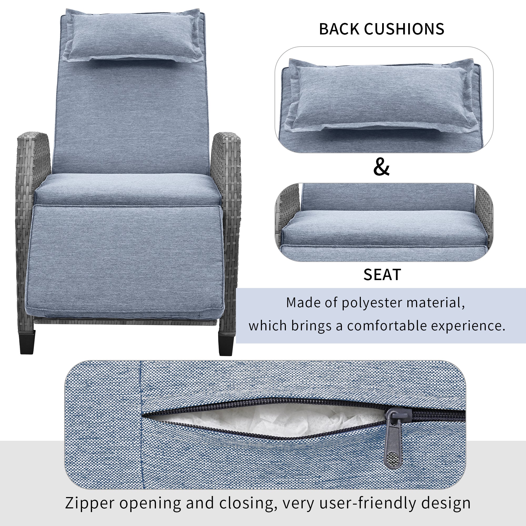 3-Piece Gray Wicker Outdoor Recliner with Blue-Gray Cushions and Coffee Table BOUSCL01BL-GR