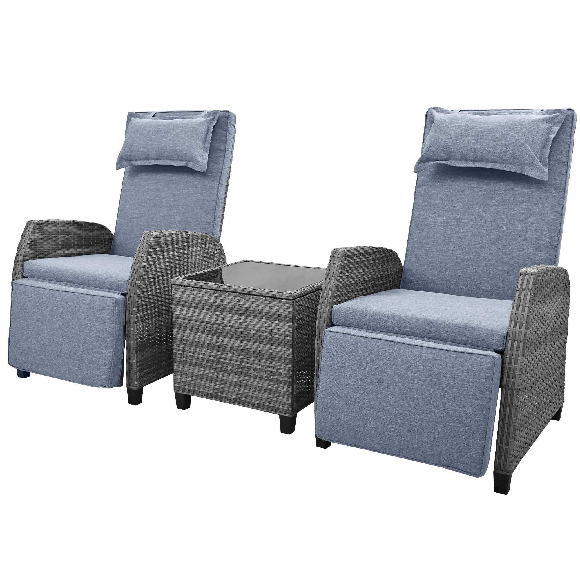 3-Piece Gray Wicker Outdoor Recliner with Blue-Gray Cushions and Coffee Table BOUSCL01BL-GR
