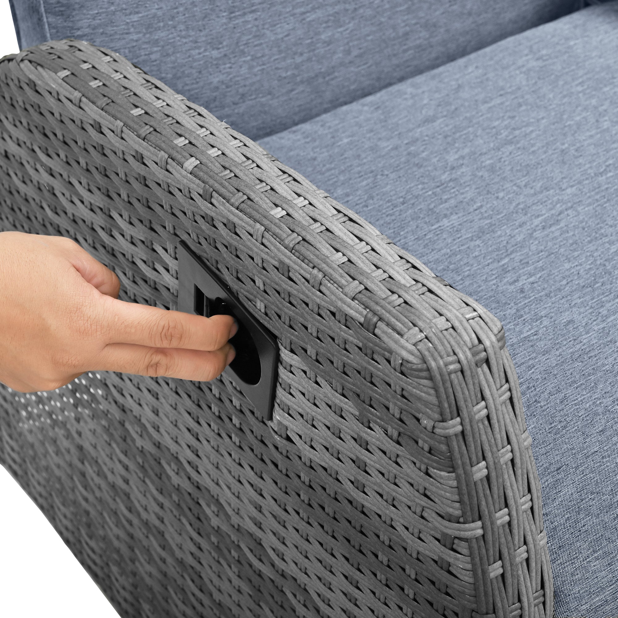 3-Piece Gray Wicker Outdoor Recliner with Blue-Gray Cushions and Coffee Table BOUSCL01BL-GR