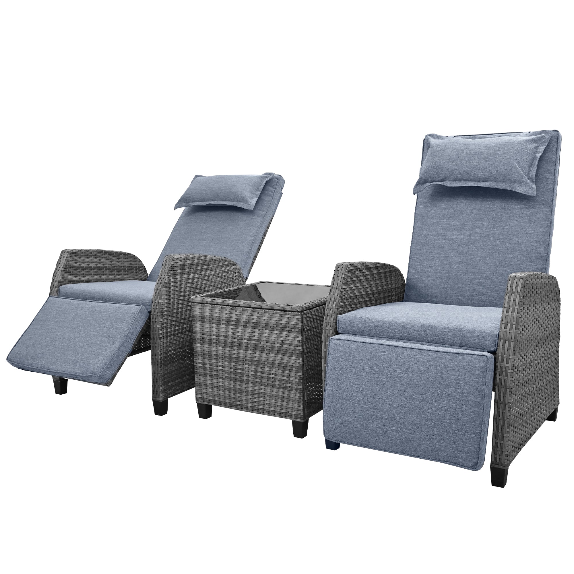 3-Piece Gray Wicker Outdoor Recliner with Blue-Gray Cushions and Coffee Table BOUSCL01BL-GR