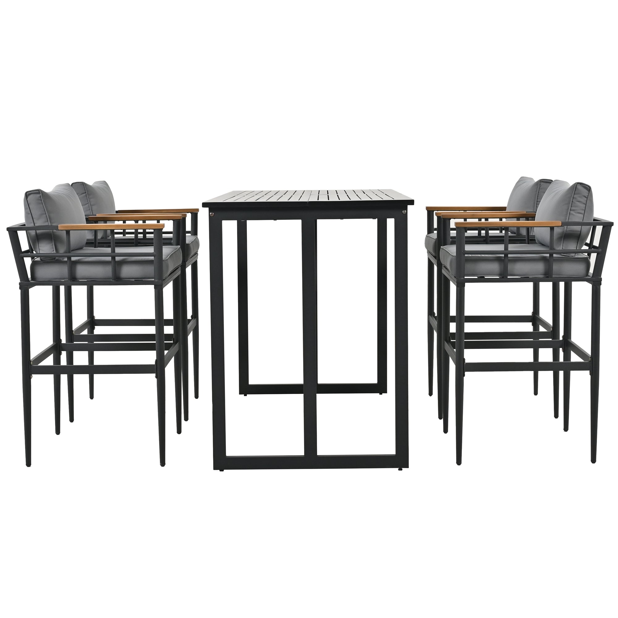 5-Piece Black Steel Outdoor Dining Set with Gray Cushions and Acacia Wood Armrest BOUSPD04B