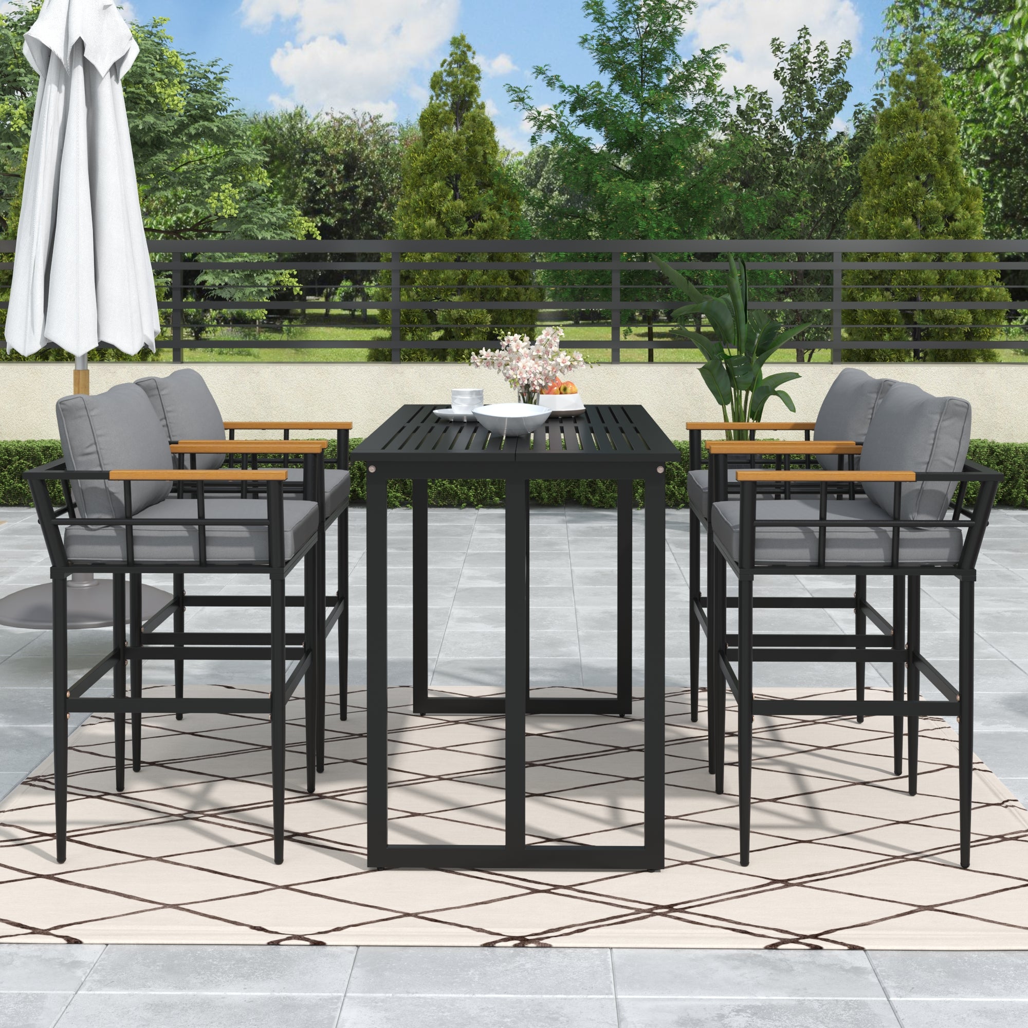 5-Piece Black Steel Outdoor Dining Set with Gray Cushions and Acacia Wood Armrest BOUSPD04B