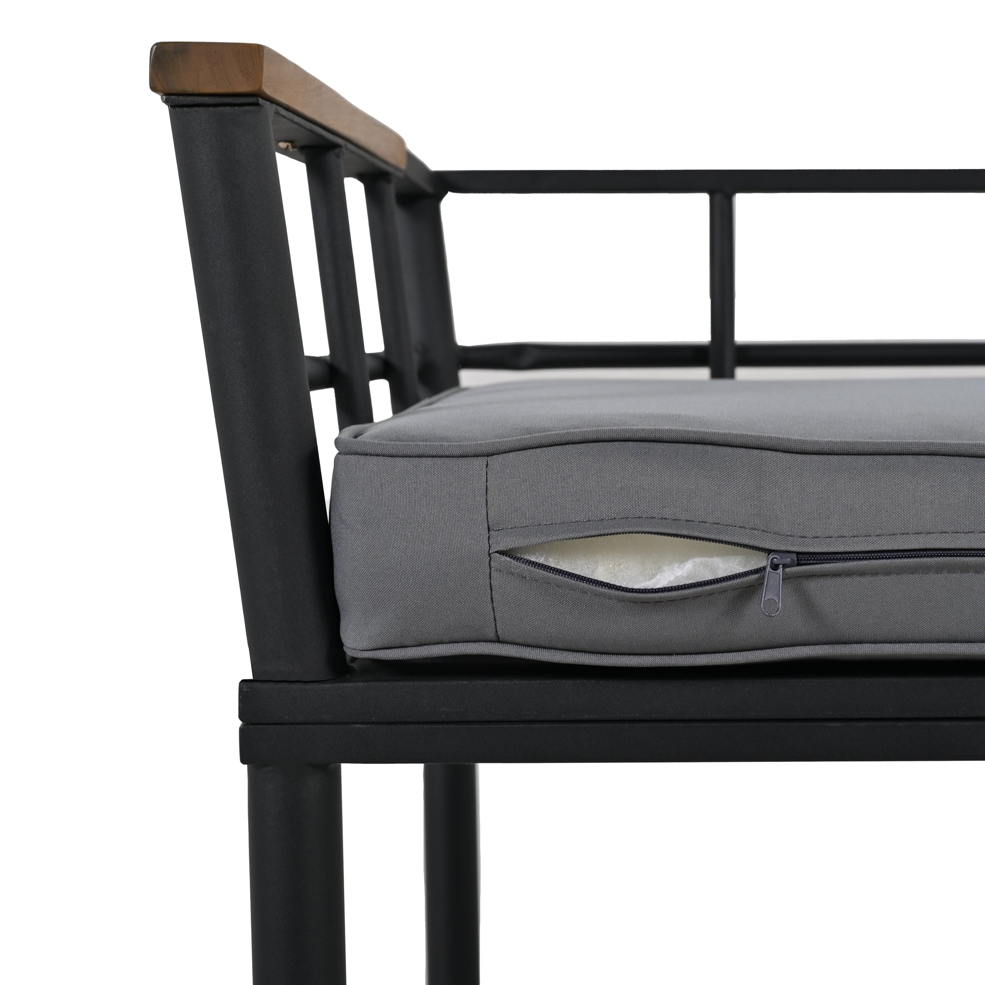 5-Piece Black Steel Outdoor Dining Set with Gray Cushions and Acacia Wood Armrest BOUSPD04B