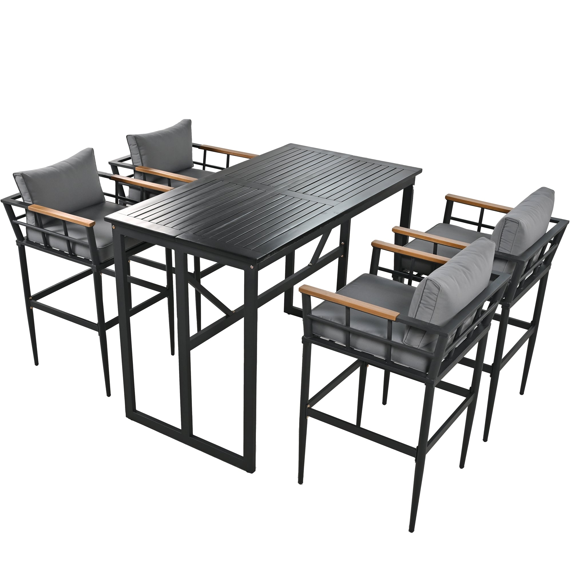 5-Piece Black Steel Outdoor Dining Set with Gray Cushions and Acacia Wood Armrest BOUSPD04B