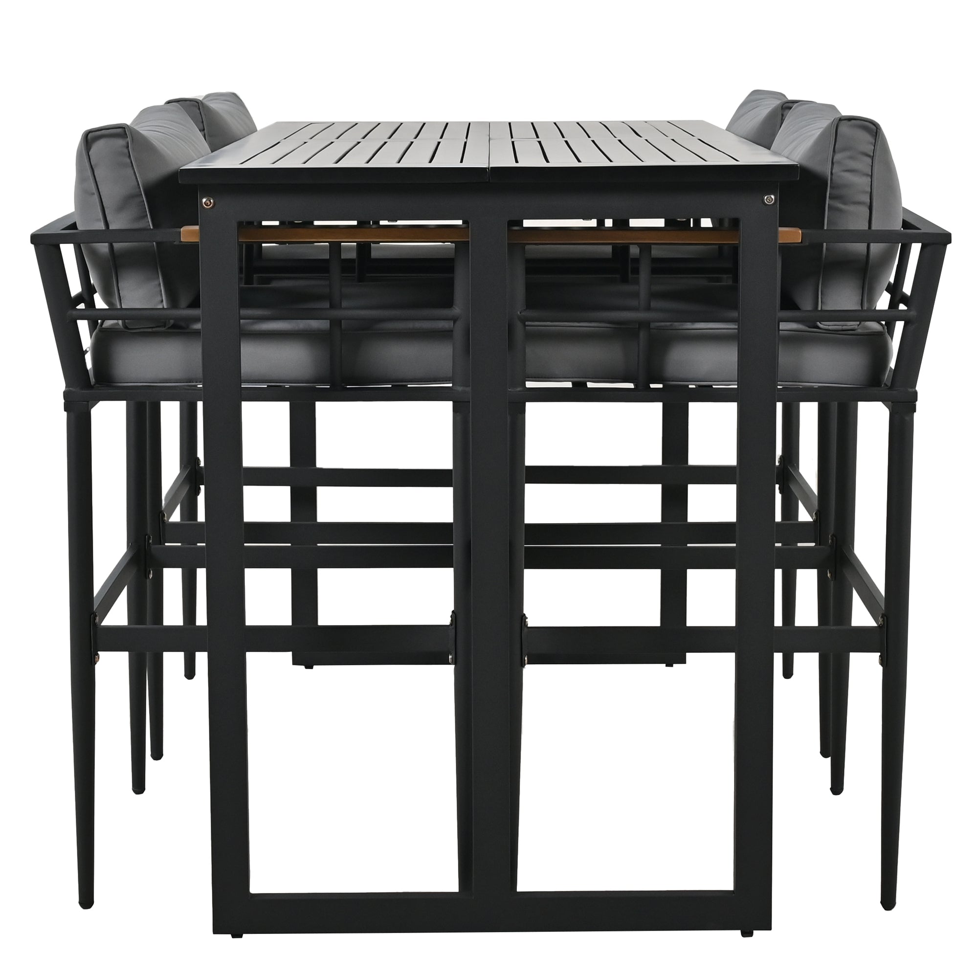 5-Piece Black Steel Outdoor Dining Set with Gray Cushions and Acacia Wood Armrest BOUSPD04B