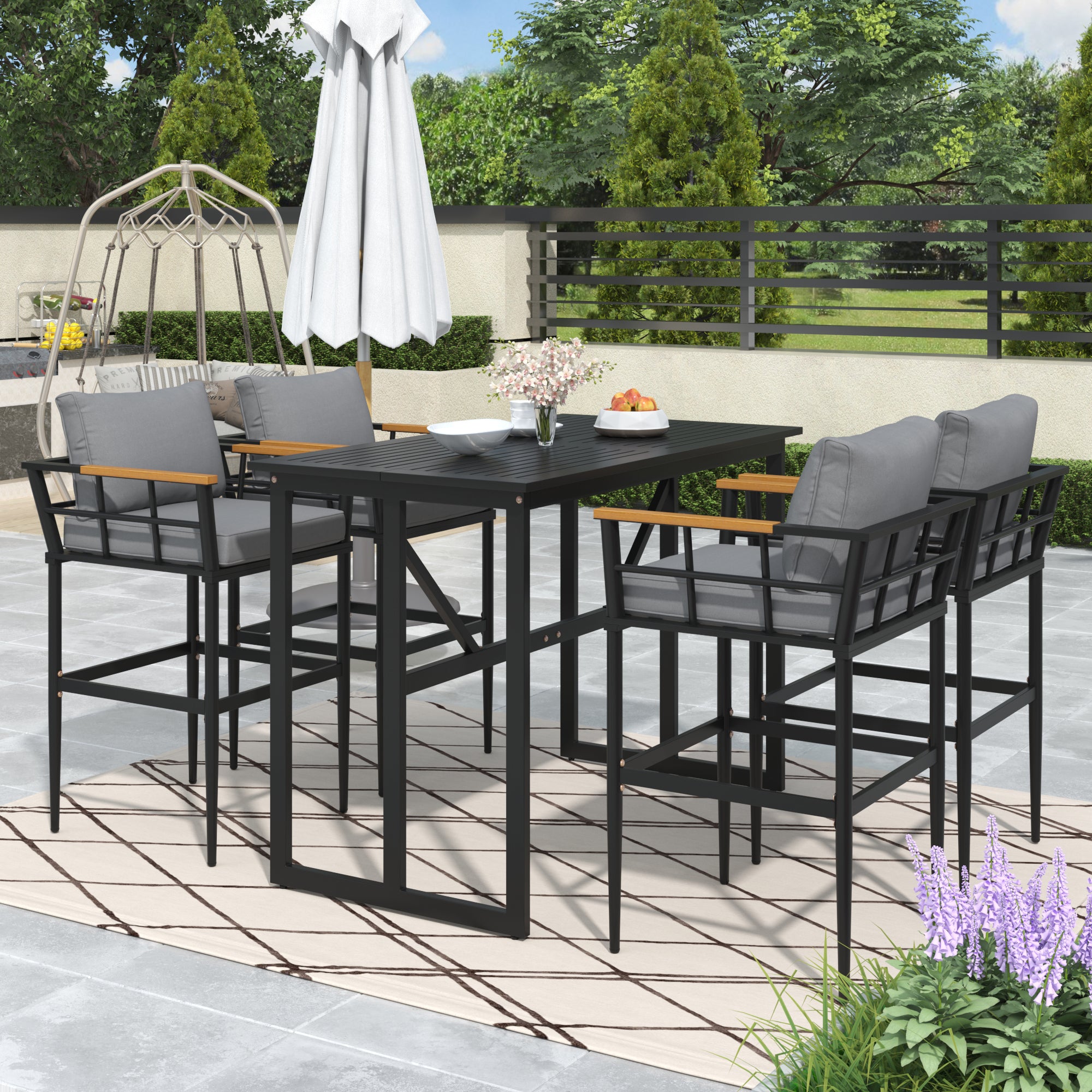 5-Piece Black Steel Outdoor Dining Set with Gray Cushions and Acacia Wood Armrest BOUSPD04B