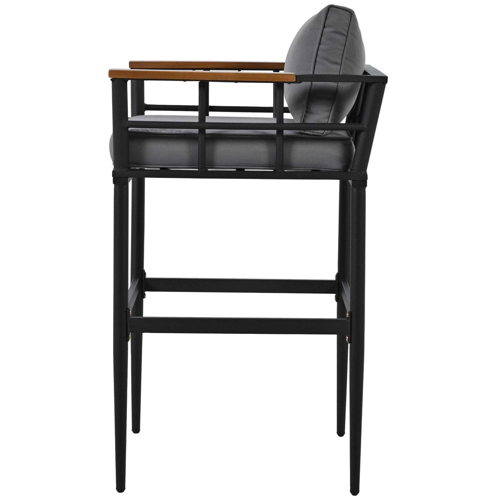 5-Piece Black Steel Outdoor Dining Set with Gray Cushions and Acacia Wood Armrest BOUSPD04B