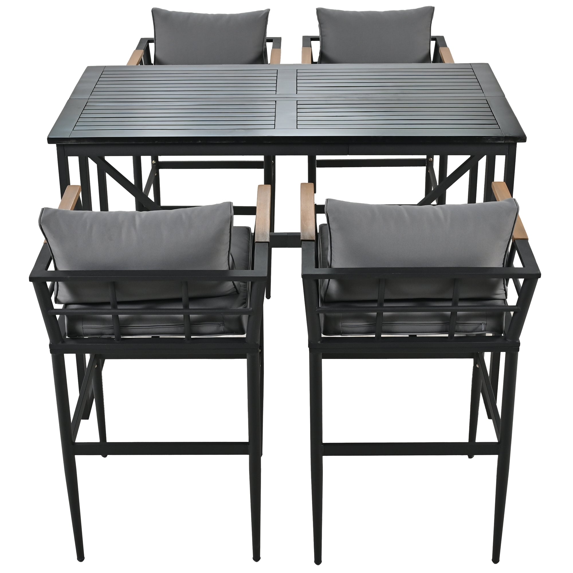 5-Piece Black Steel Outdoor Dining Set with Gray Cushions and Acacia Wood Armrest BOUSPD04B