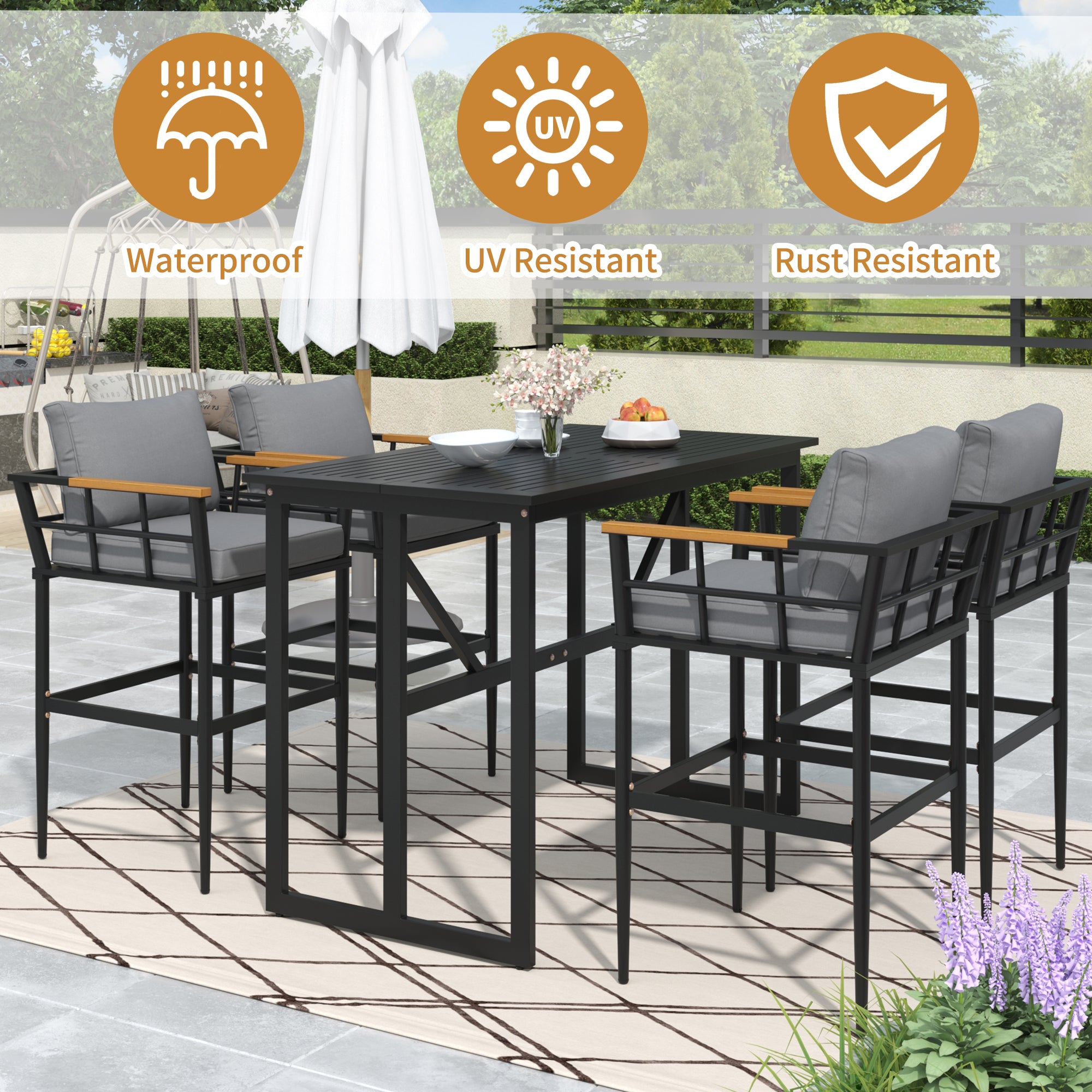 5-Piece Black Steel Outdoor Dining Set with Gray Cushions and Acacia Wood Armrest BOUSPD04B