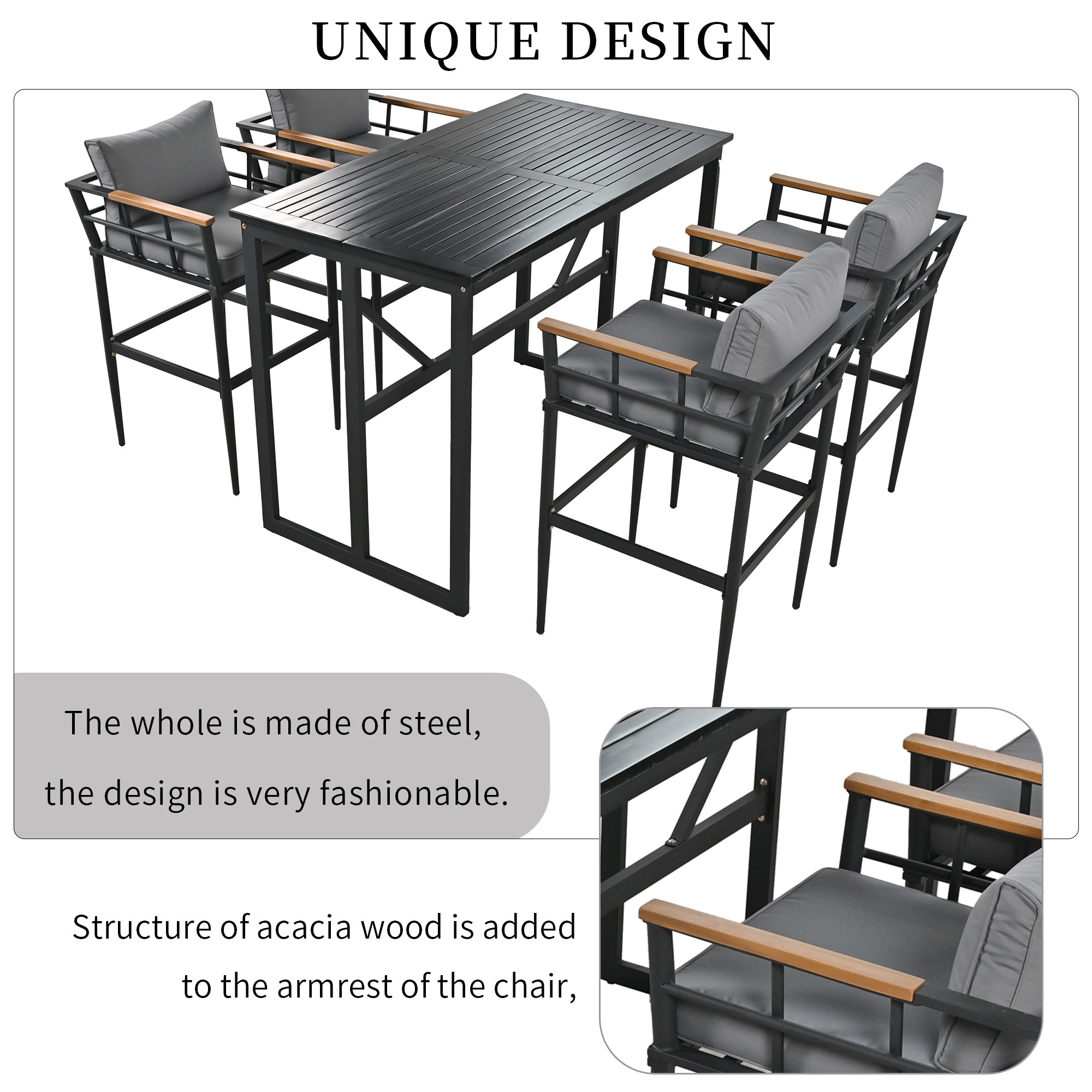 5-Piece Black Steel Outdoor Dining Set with Gray Cushions and Acacia Wood Armrest BOUSPD04B