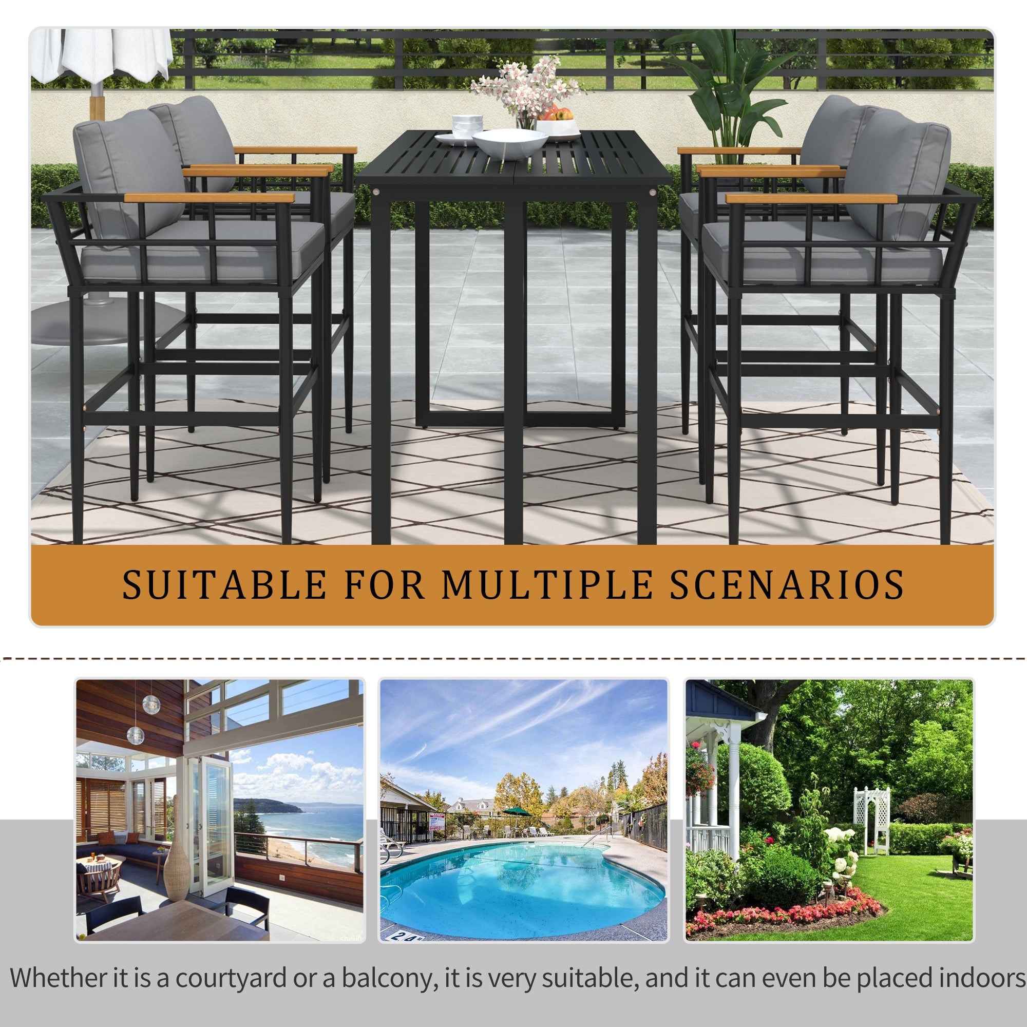 5-Piece Black Steel Outdoor Dining Set with Gray Cushions and Acacia Wood Armrest BOUSPD04B