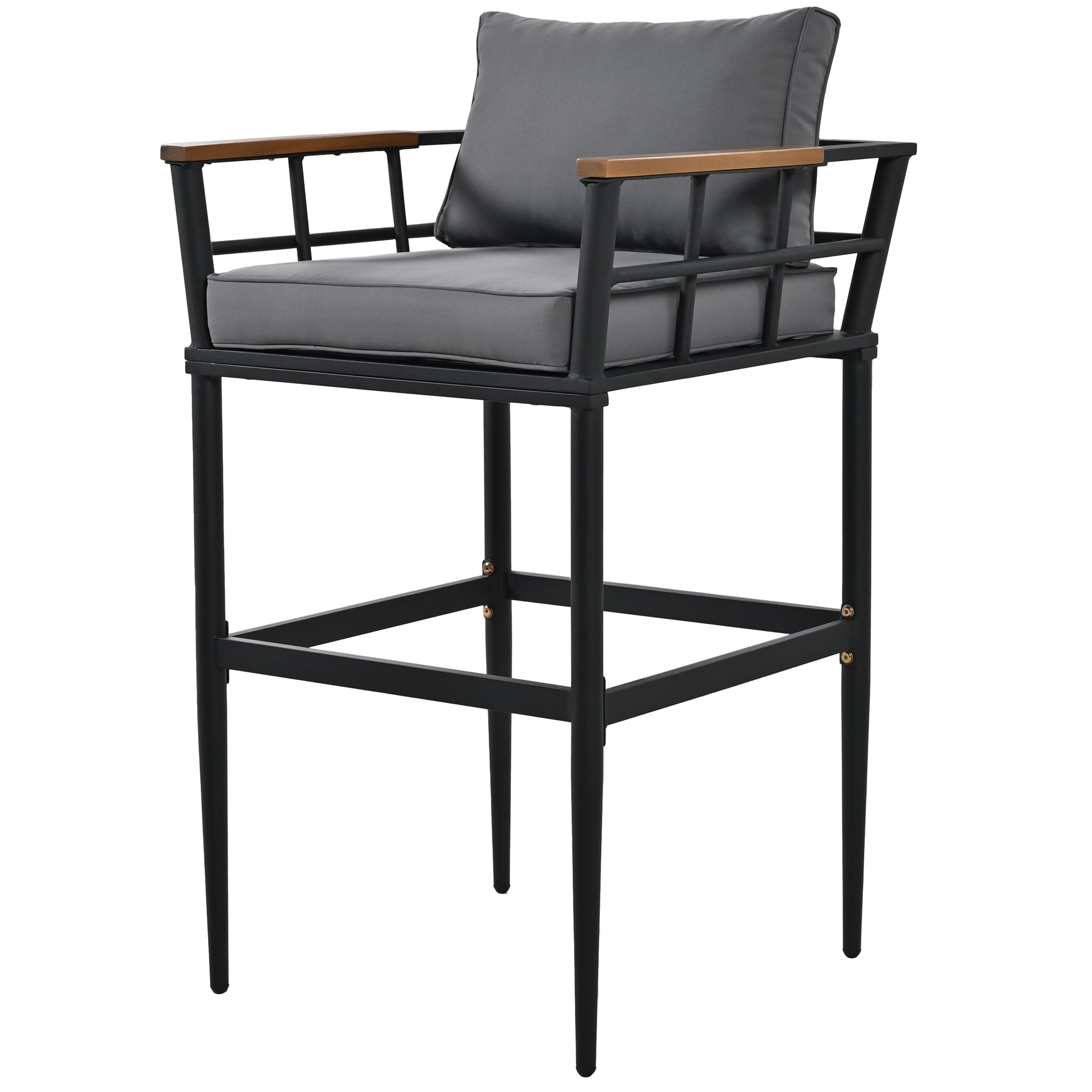 5-Piece Black Steel Outdoor Dining Set with Gray Cushions and Acacia Wood Armrest BOUSPD04B