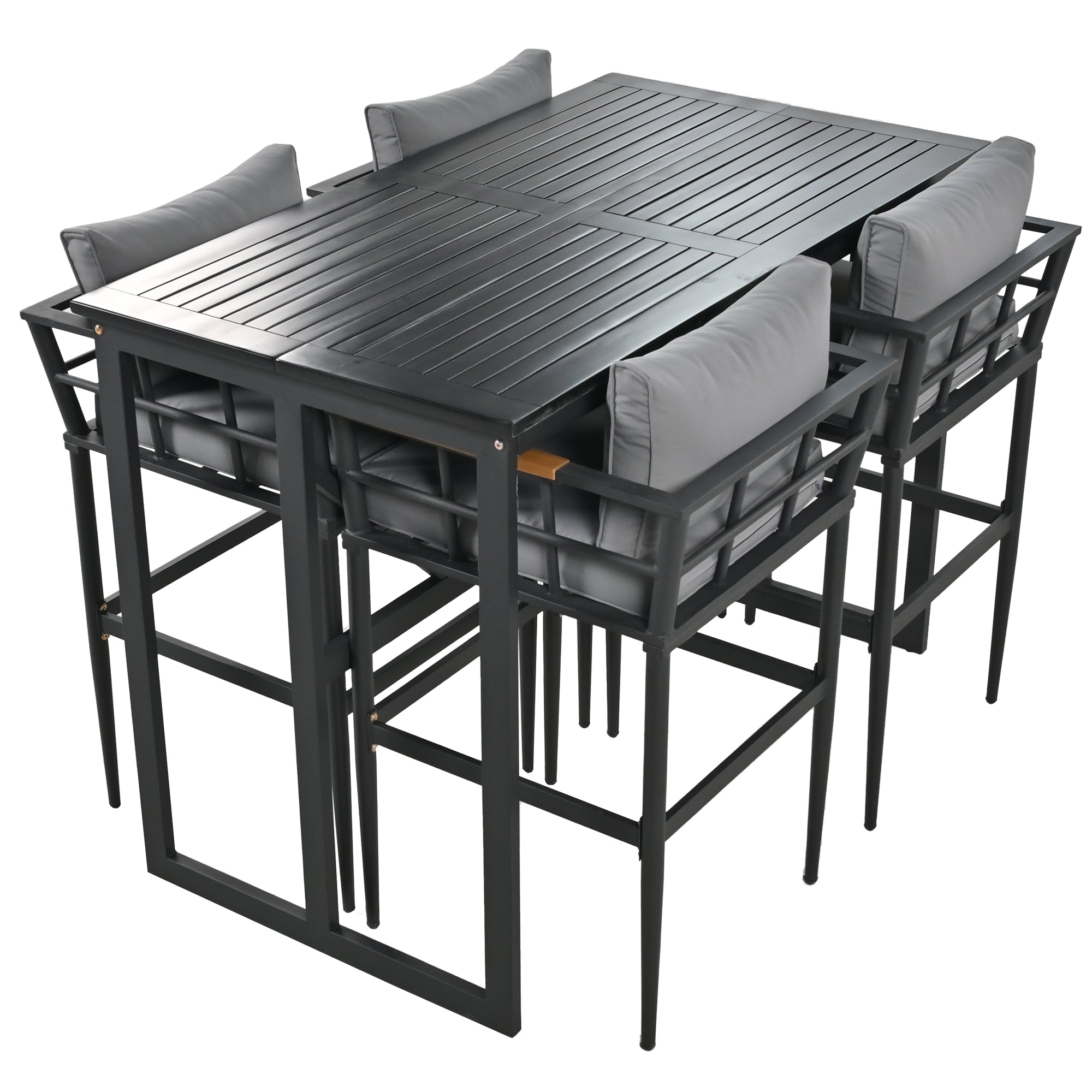 5-Piece Black Steel Outdoor Dining Set with Gray Cushions and Acacia Wood Armrest BOUSPD04B