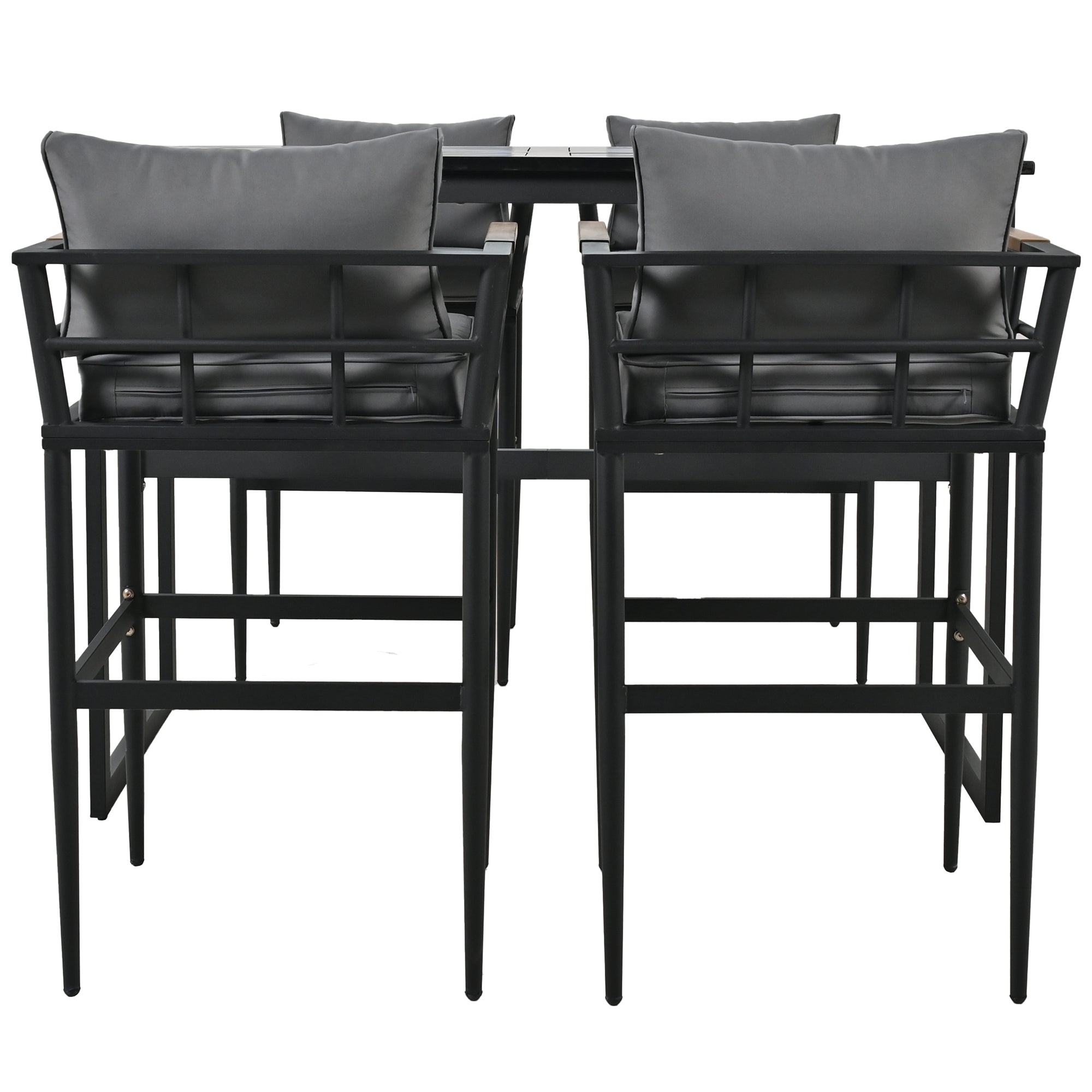 5-Piece Black Steel Outdoor Dining Set with Gray Cushions and Acacia Wood Armrest BOUSPD04B