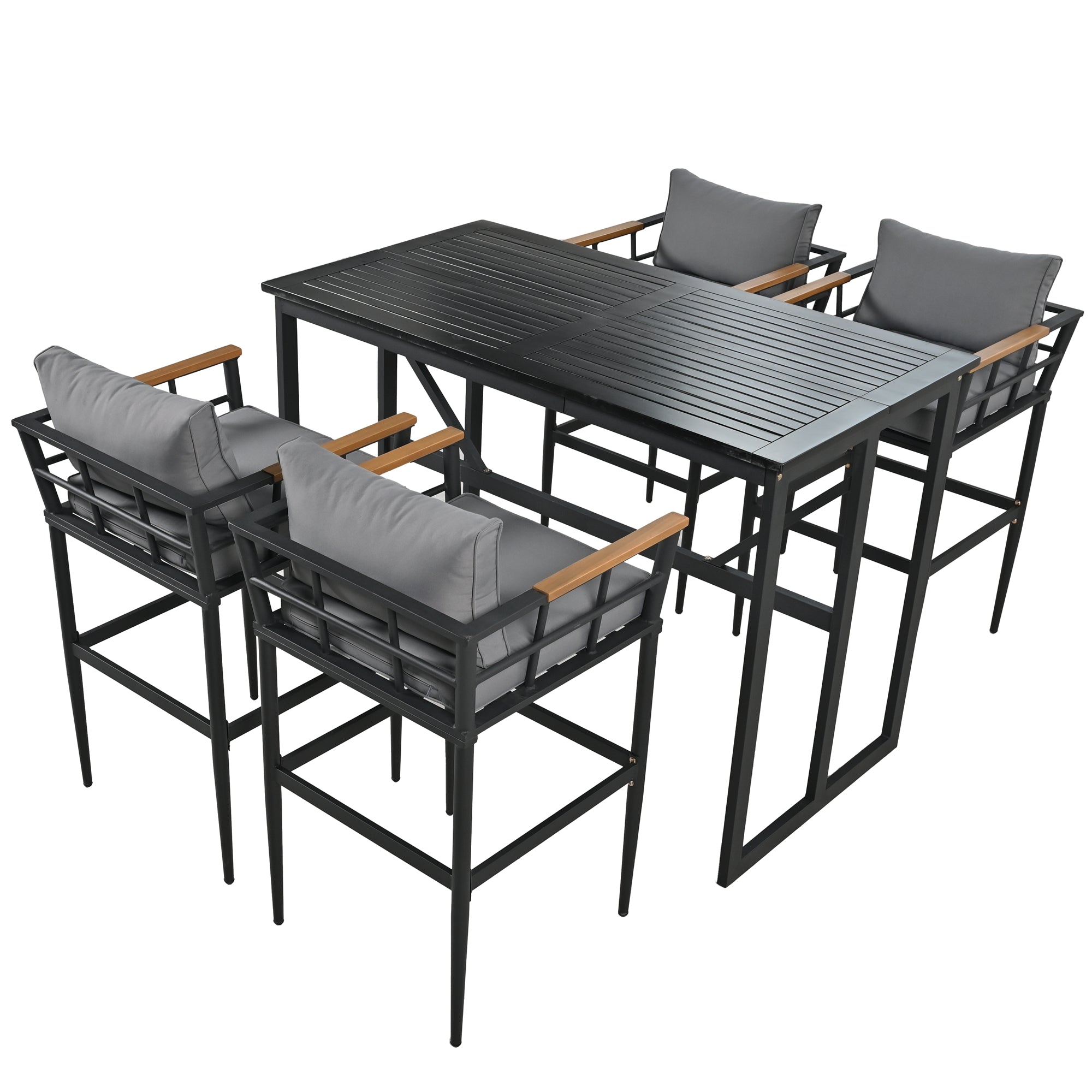 5-Piece Black Steel Outdoor Dining Set with Gray Cushions and Acacia Wood Armrest BOUSPD04B