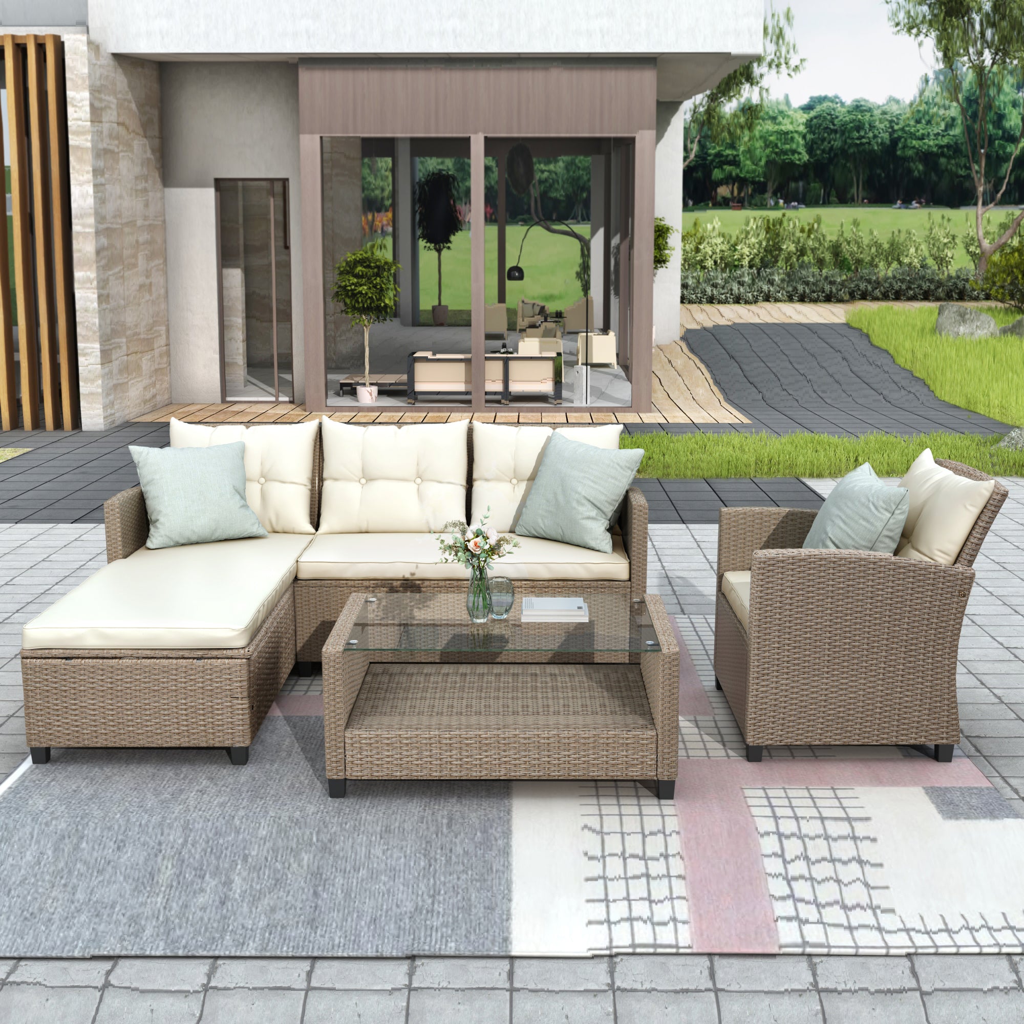 4-Piece Rattan Outdoor Conversation Set with Cushions BOUSPS01BRO-BEG