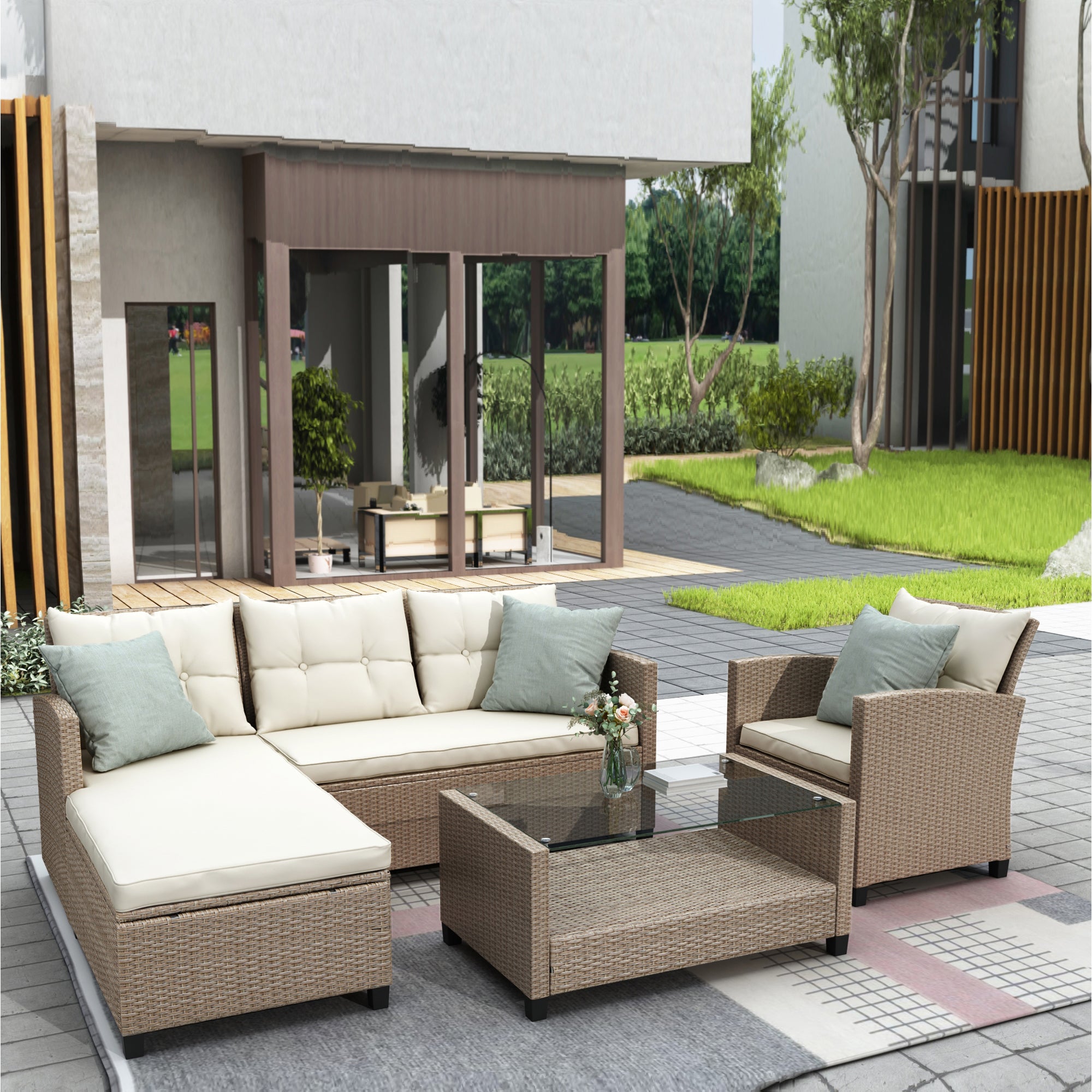 4-Piece Rattan Outdoor Conversation Set with Cushions BOUSPS01BRO-BEG