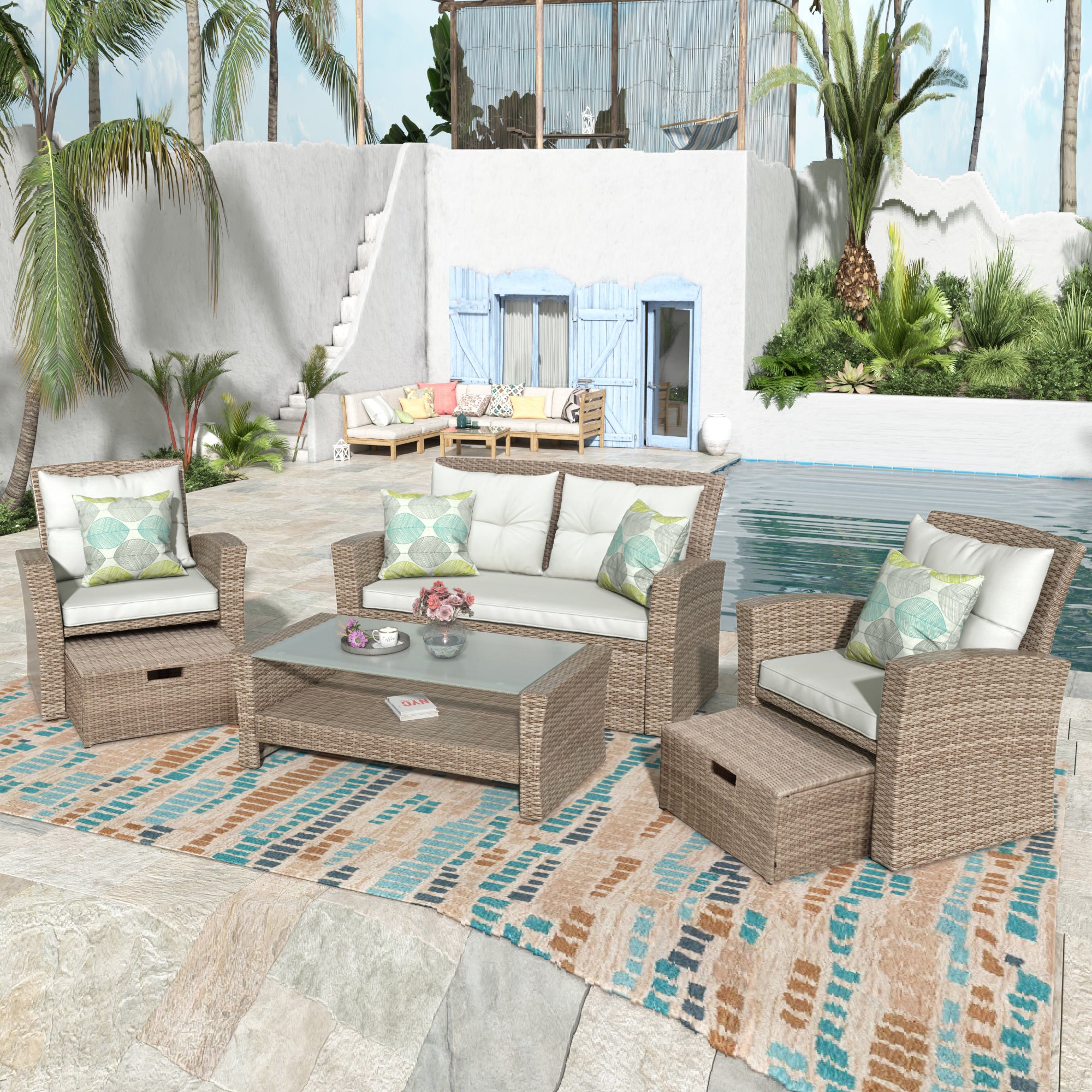 4-Piece Wicker Outdoor Conversation Set with Cushions and Ottoman BOUSPS30-BEG
