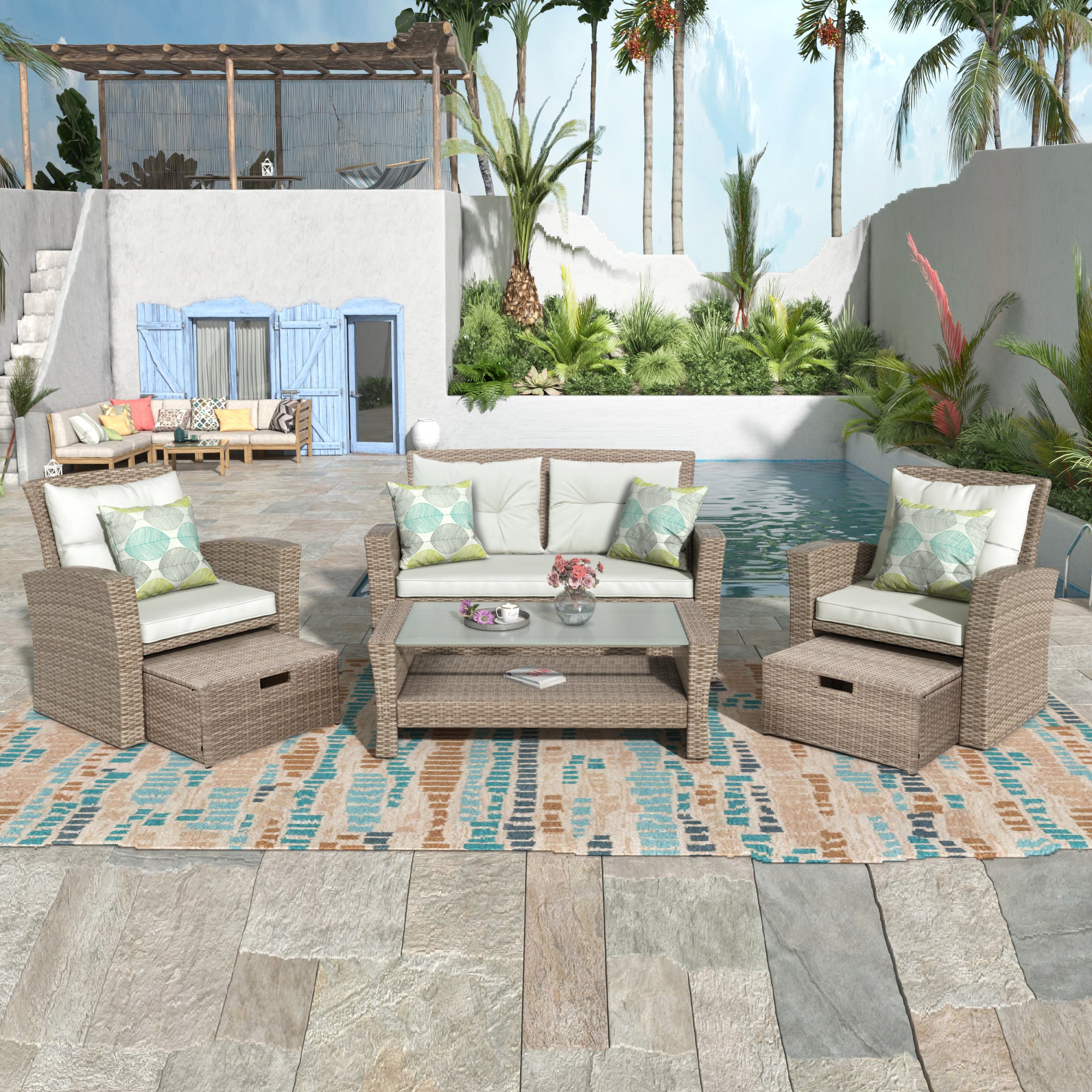 4-Piece Wicker Outdoor Conversation Set with Cushions and Ottoman BOUSPS30-BEG