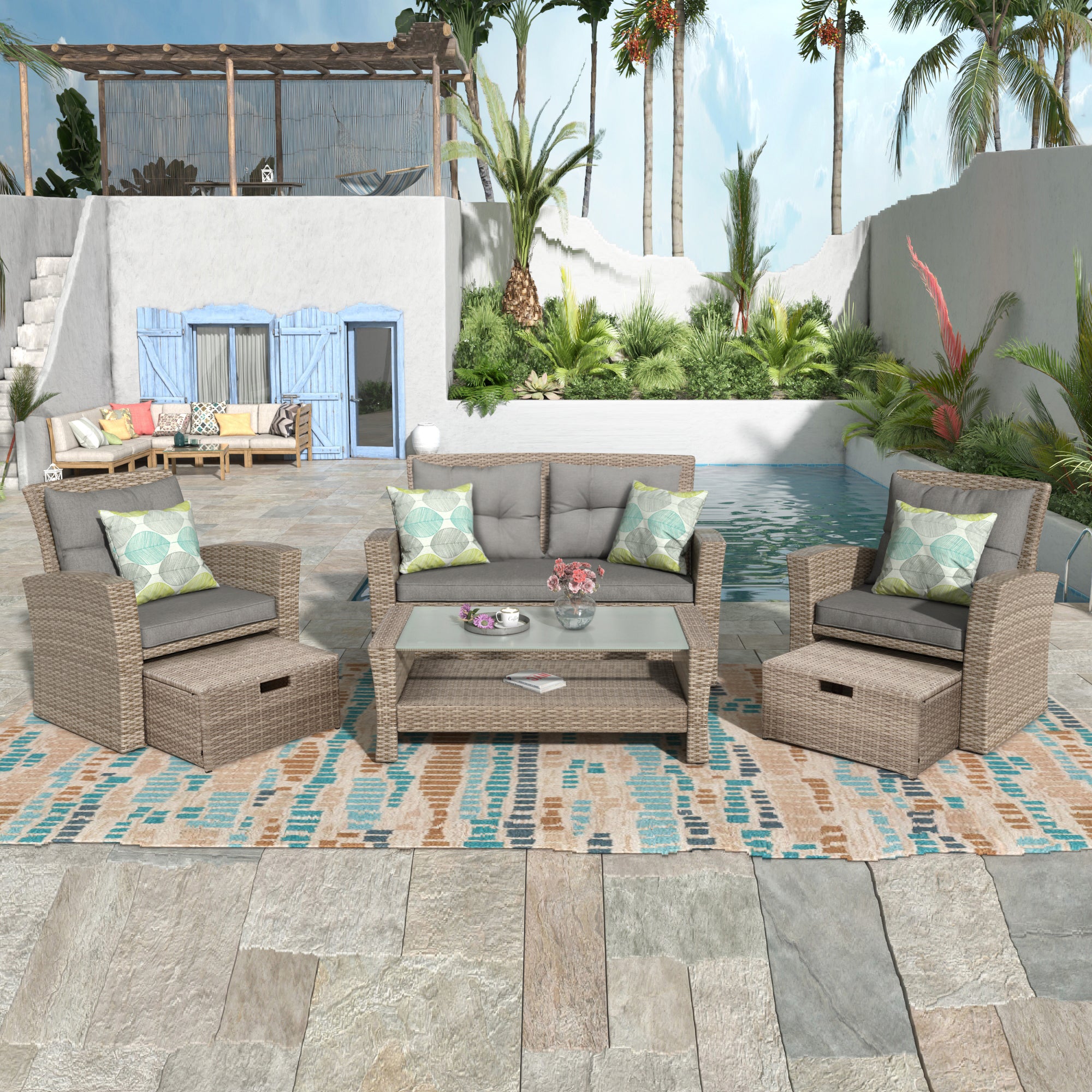 4-Piece Wicker Outdoor Conversation Set with Cushions and Ottoman BOUSPS30-GR