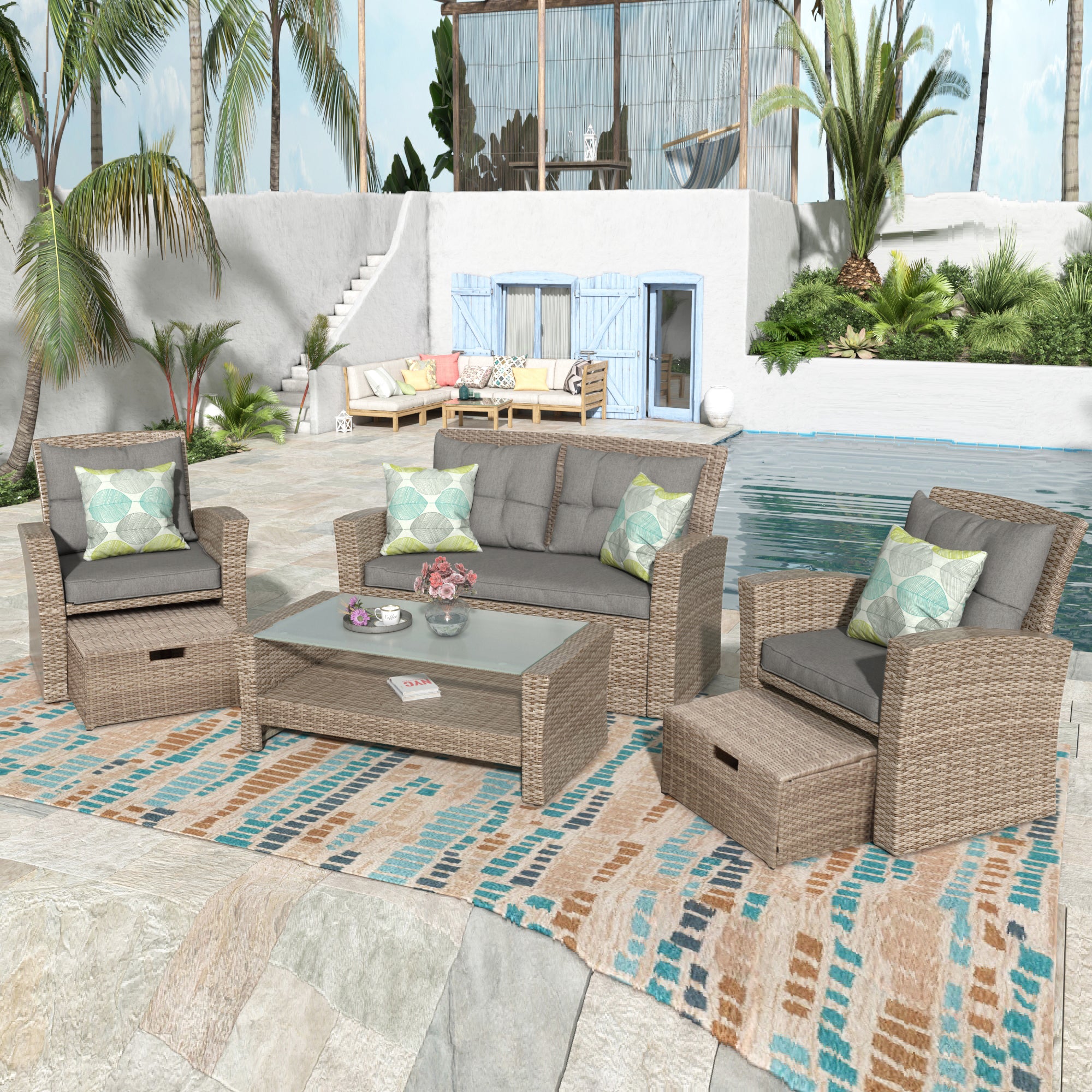 4-Piece Wicker Outdoor Conversation Set with Cushions and Ottoman BOUSPS30-GR