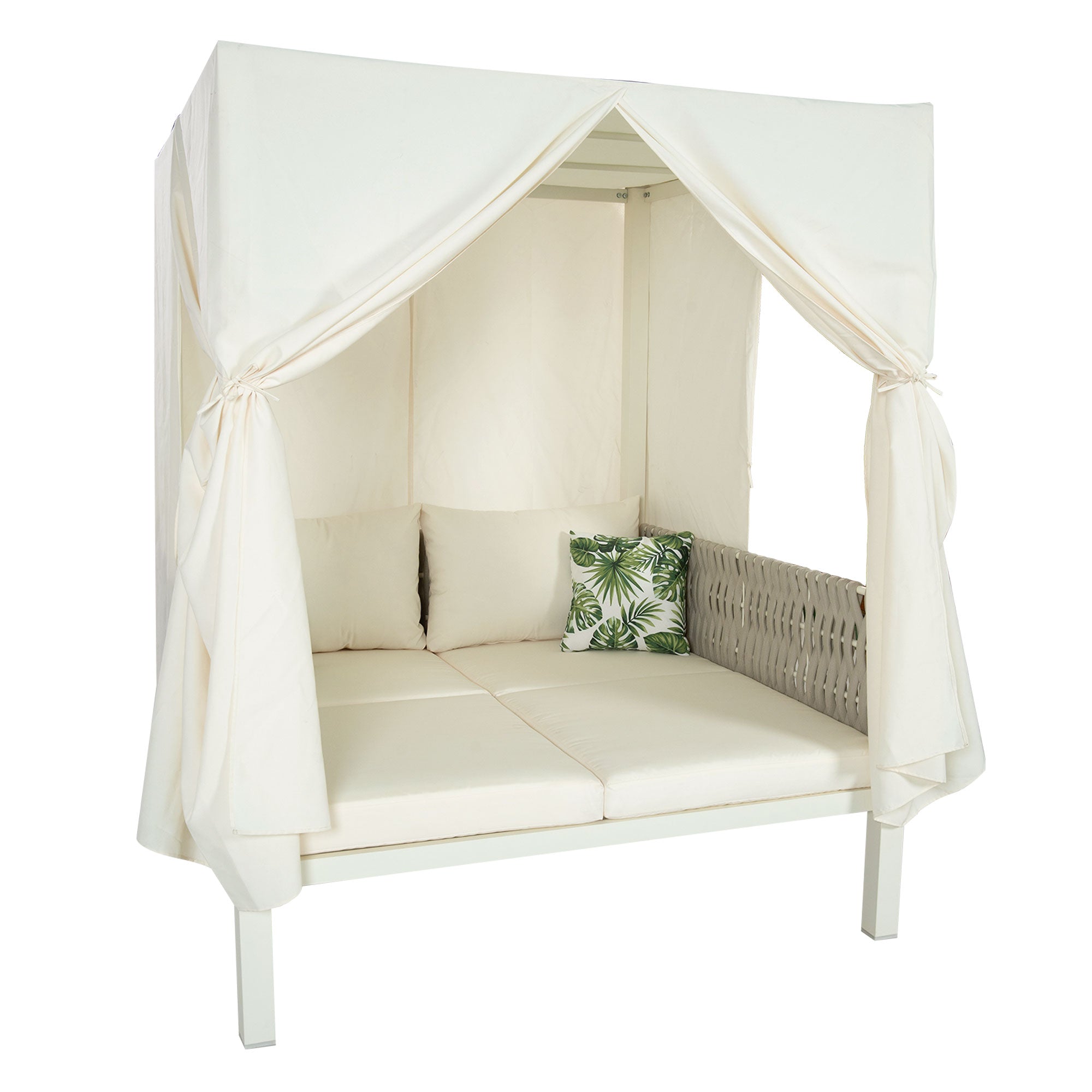 White Metal Woven Rope Outdoor Day Bed with Gray Cushions and Beige Canopy for Shade BOUSPS36-BEG