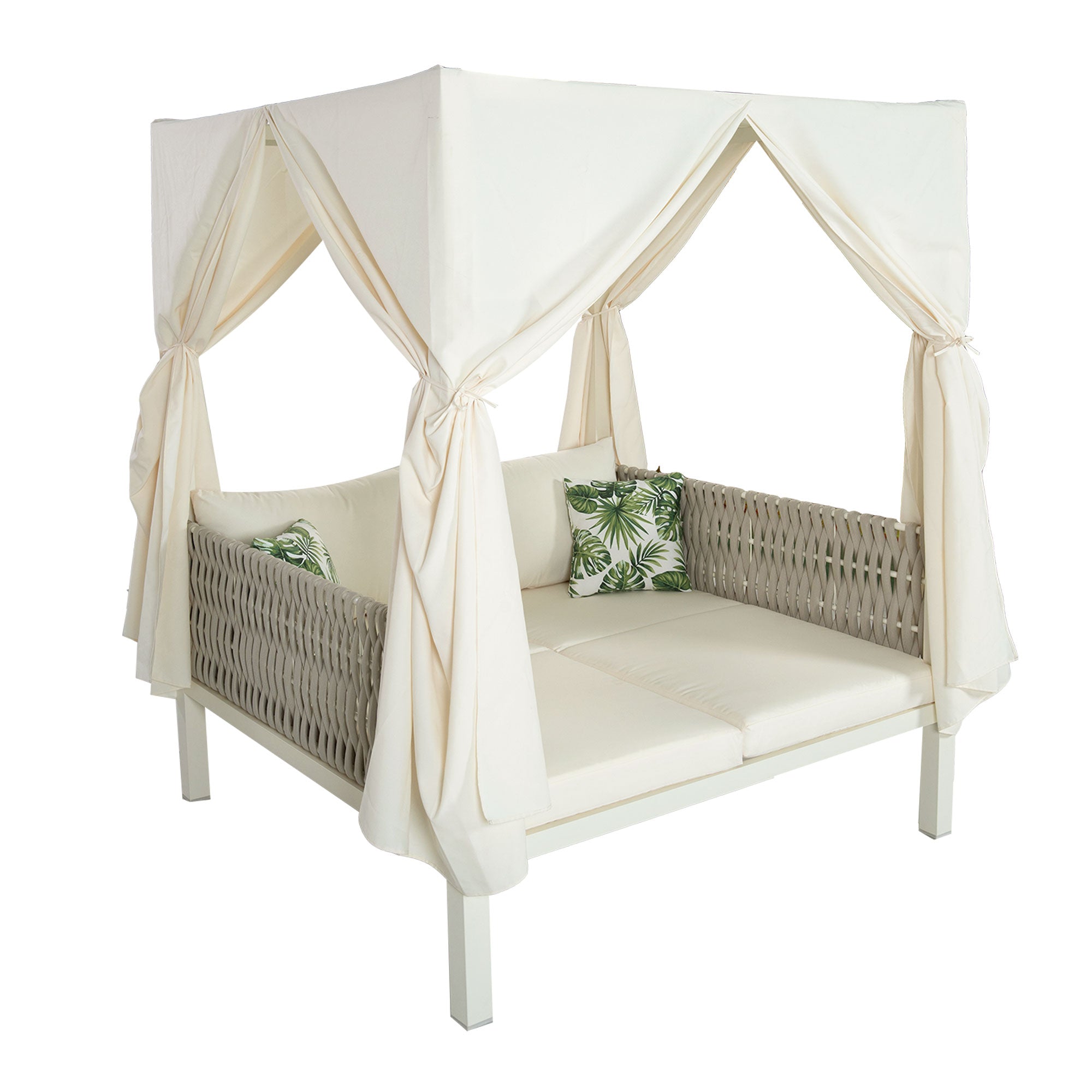 White Metal Woven Rope Outdoor Day Bed with Gray Cushions and Beige Canopy for Shade BOUSPS36-BEG