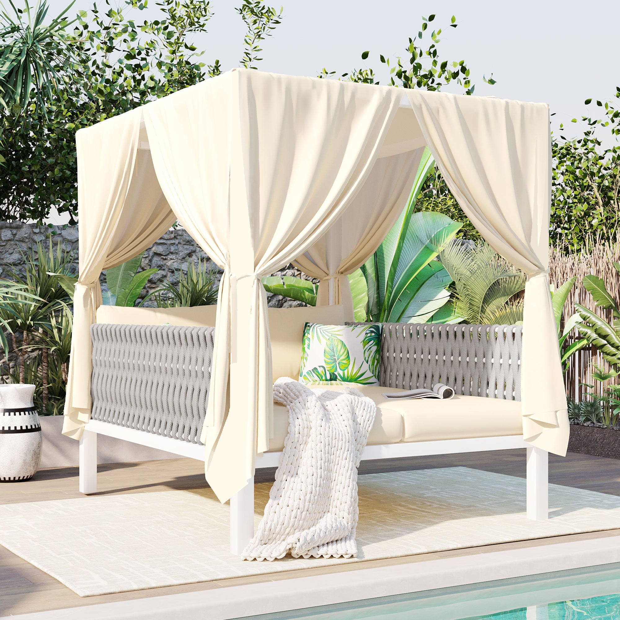 White Metal Woven Rope Outdoor Day Bed with Gray Cushions and Beige Canopy for Shade BOUSPS36-BEG